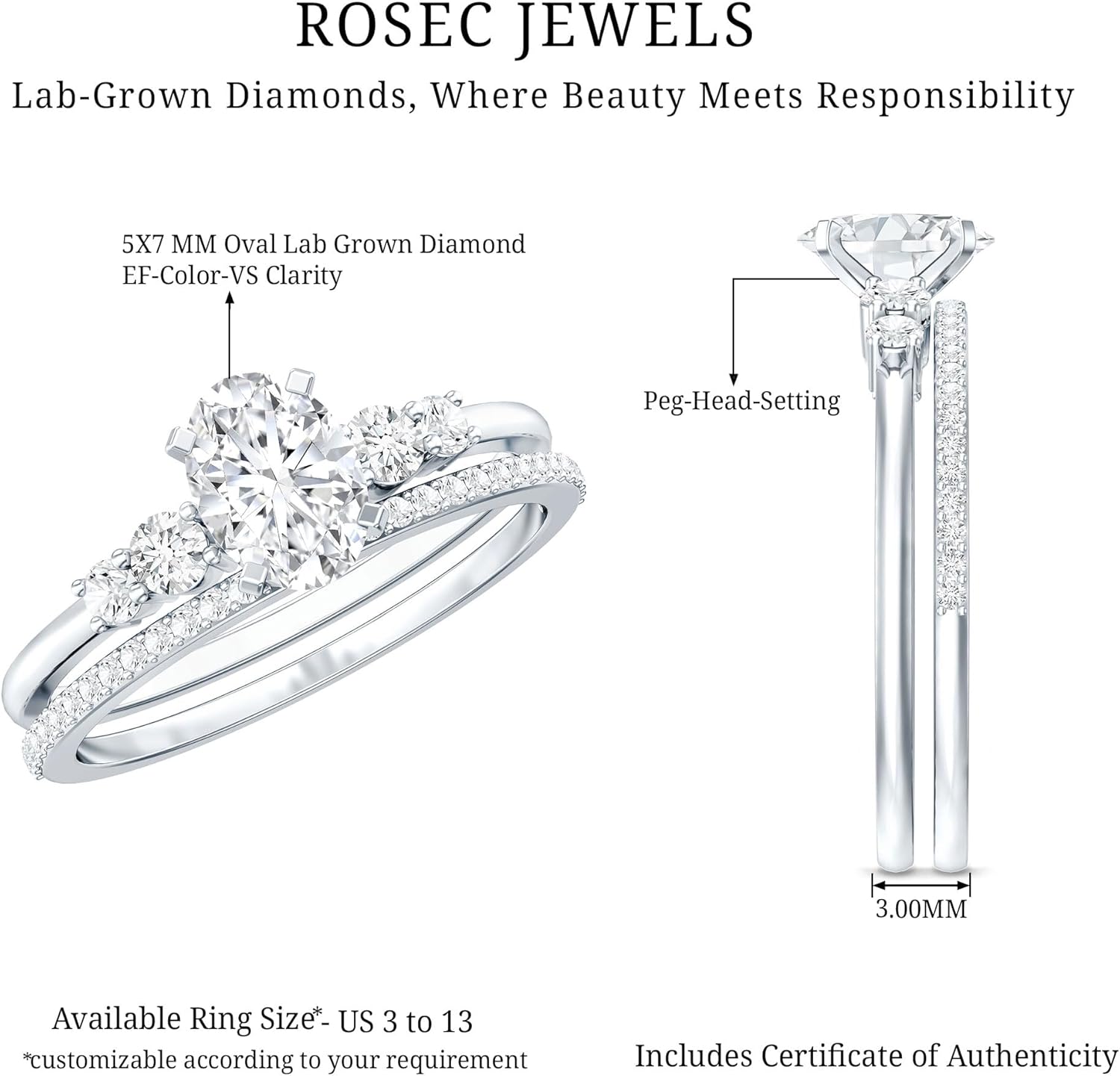 Certified Lab Grown Diamond Bridal Ring Set, Ef-Vs Quality, 5X7mm Oval Diamond Engagement Ring with Band - Ready To Gift