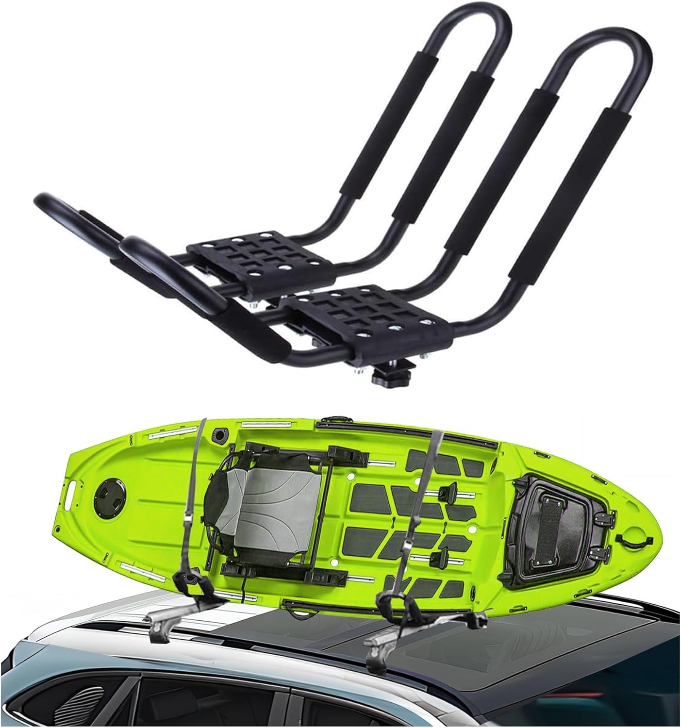 ECOTRIC Universal Kayak Roof Rack J-Bar Rack HD Kayak Carrier Holder Canoe Boat Surf Ski Board Roof Top Mounted on Crossbar for Car SUV Truck - Set of 2
