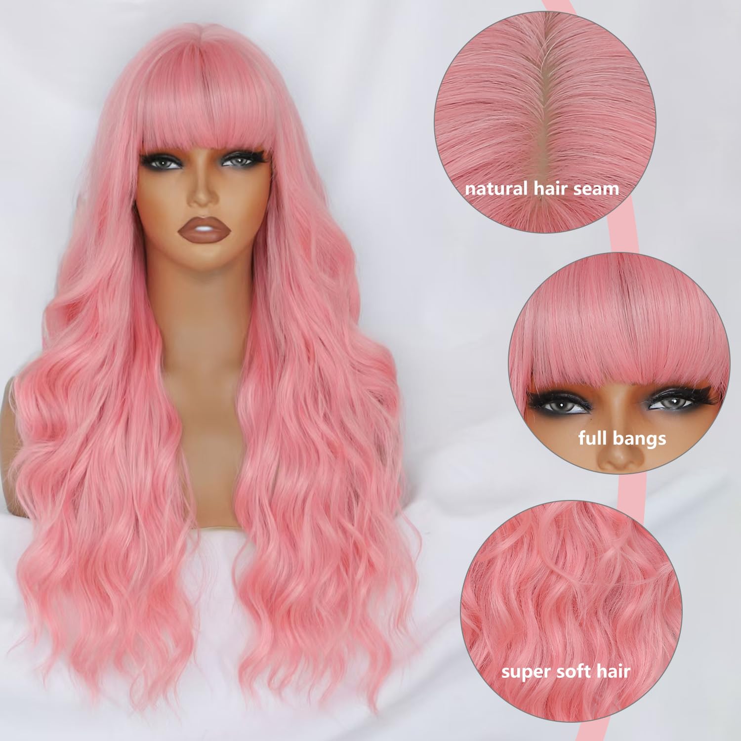 Pink Wig with Bangs for Women, Long Wavy Pink Wig 26 Inch Wigs Heat Resistant Synthetic Colorful Wig - Image 4