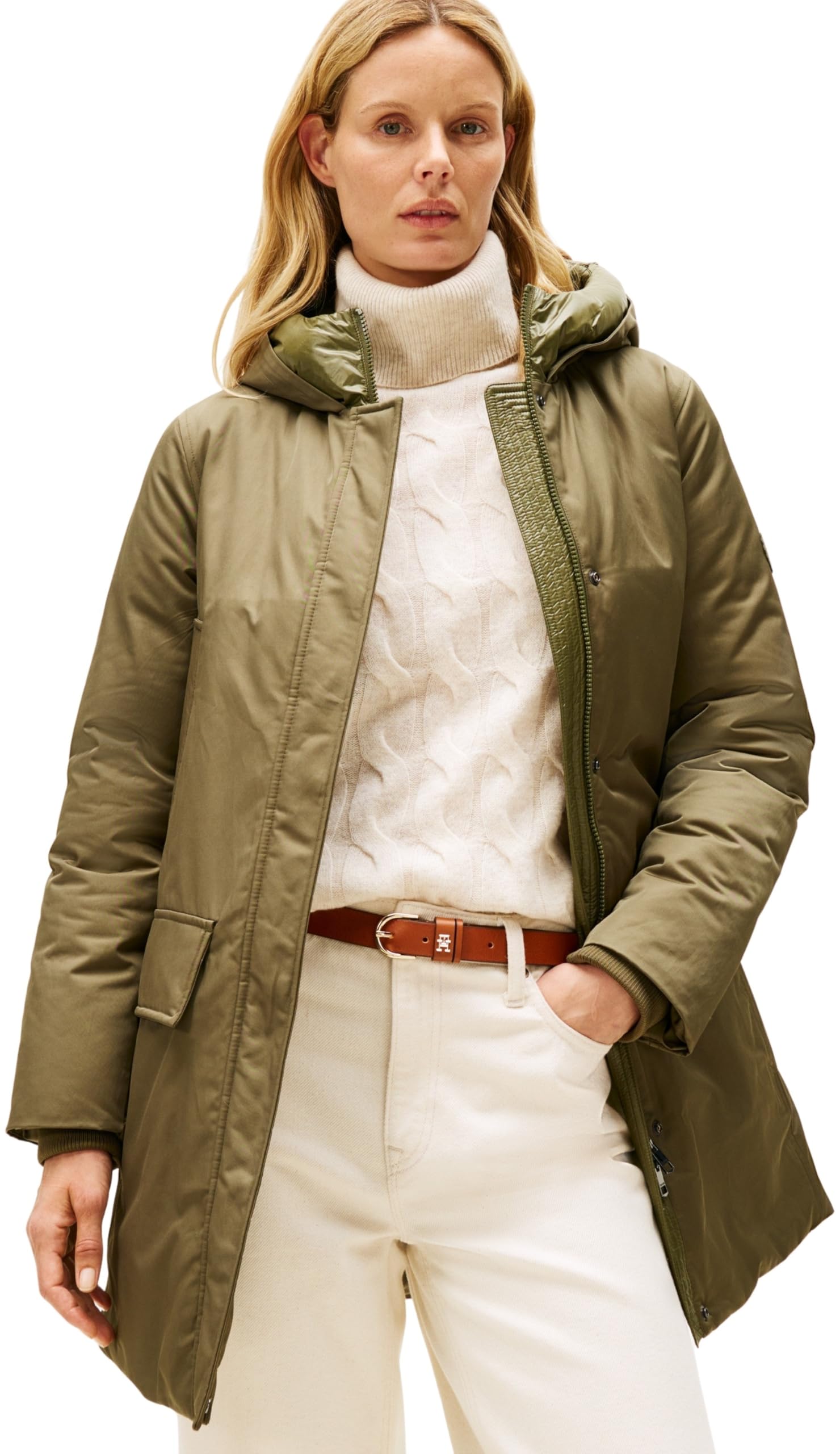 Tommy Hilfiger Women's Padded Nylon Parka with Hood, Green (Utility Olive), M
