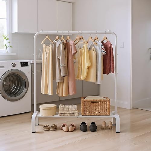 Miniatura 52 de JIUYOTREE Perchero de metal para ropa de 43.3 pulgadas con estante inferior, perchero para colgar ropa, abrigos, faldas, camisas, suéteres, gris