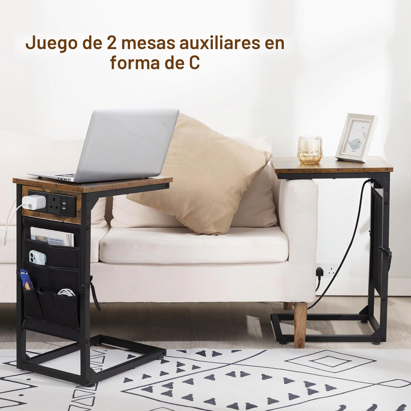 AMHANCIBLE Mesa auxiliar en forma de C, mesita de noche con estación de carga, 2 salidas USB y CA, mesa auxiliar con bolsa de almacenamiento de tela, mesa de sofá para espacios pequeños, mesa de café
