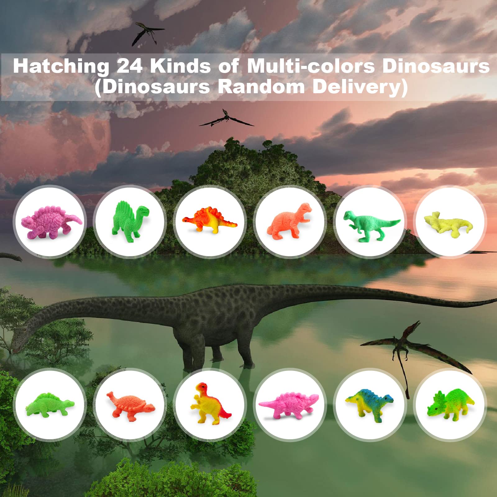 Paquete de 24 huevos de dinosaurio para incubar huevos de dinosaurio que crecen en grietas de agua con colores surtidos para cestas de caza de juguetes de caza, regalos de cumpleaños y Pascua, 2
