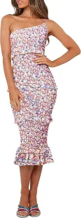 PRETTYGARDEN Women's Summer Midi Bodycon Dresses One Shoulder Strappy Tiered Ruffle Floral Boho Sun Dress