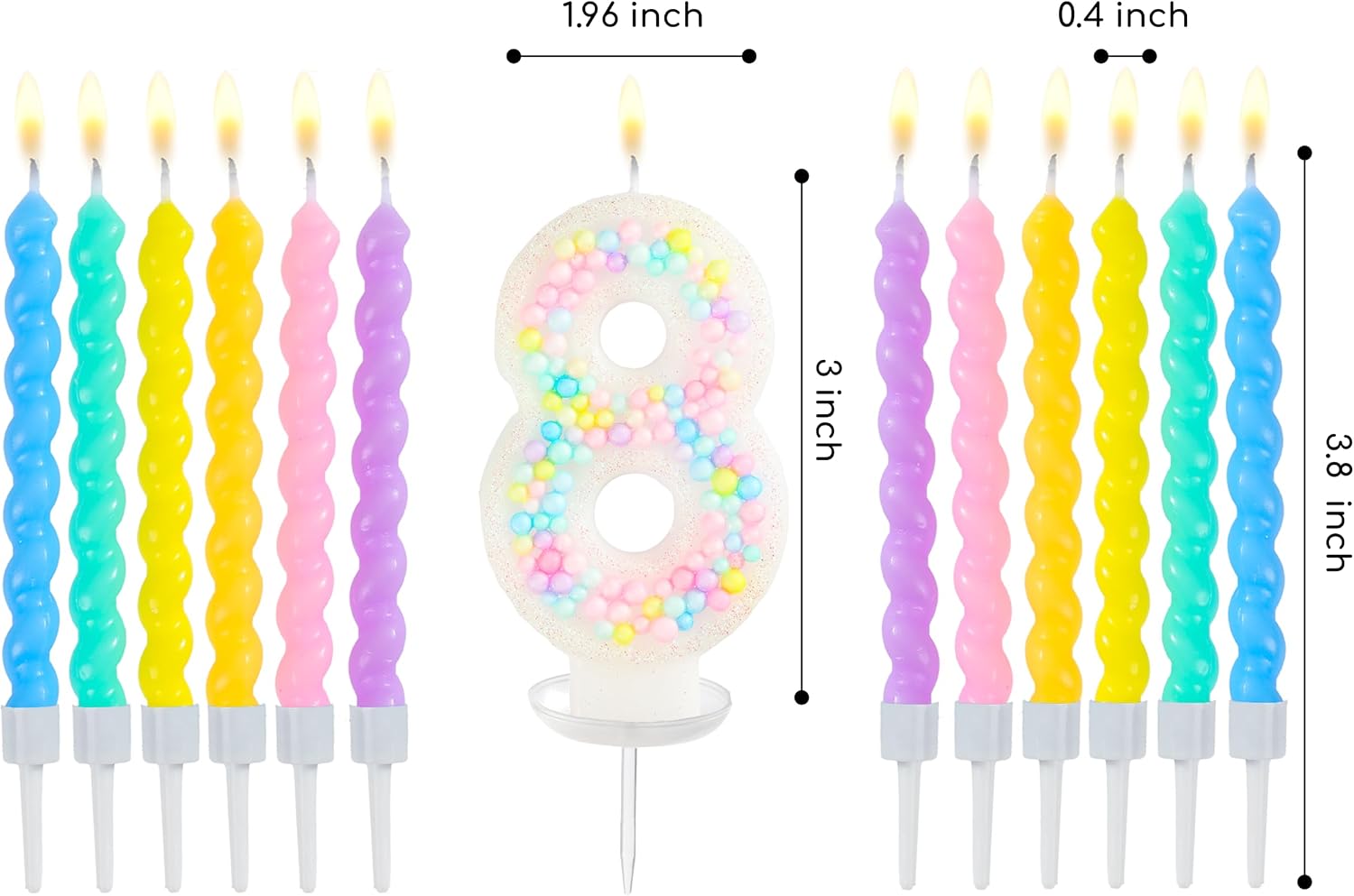 PHD CAKE Number 8 Birthday Candle Macaron Glitter Number Candle with Rainbow Spiral Candles in Holders for Cake Topper, Pastel Sweet Theme Party Decoration
