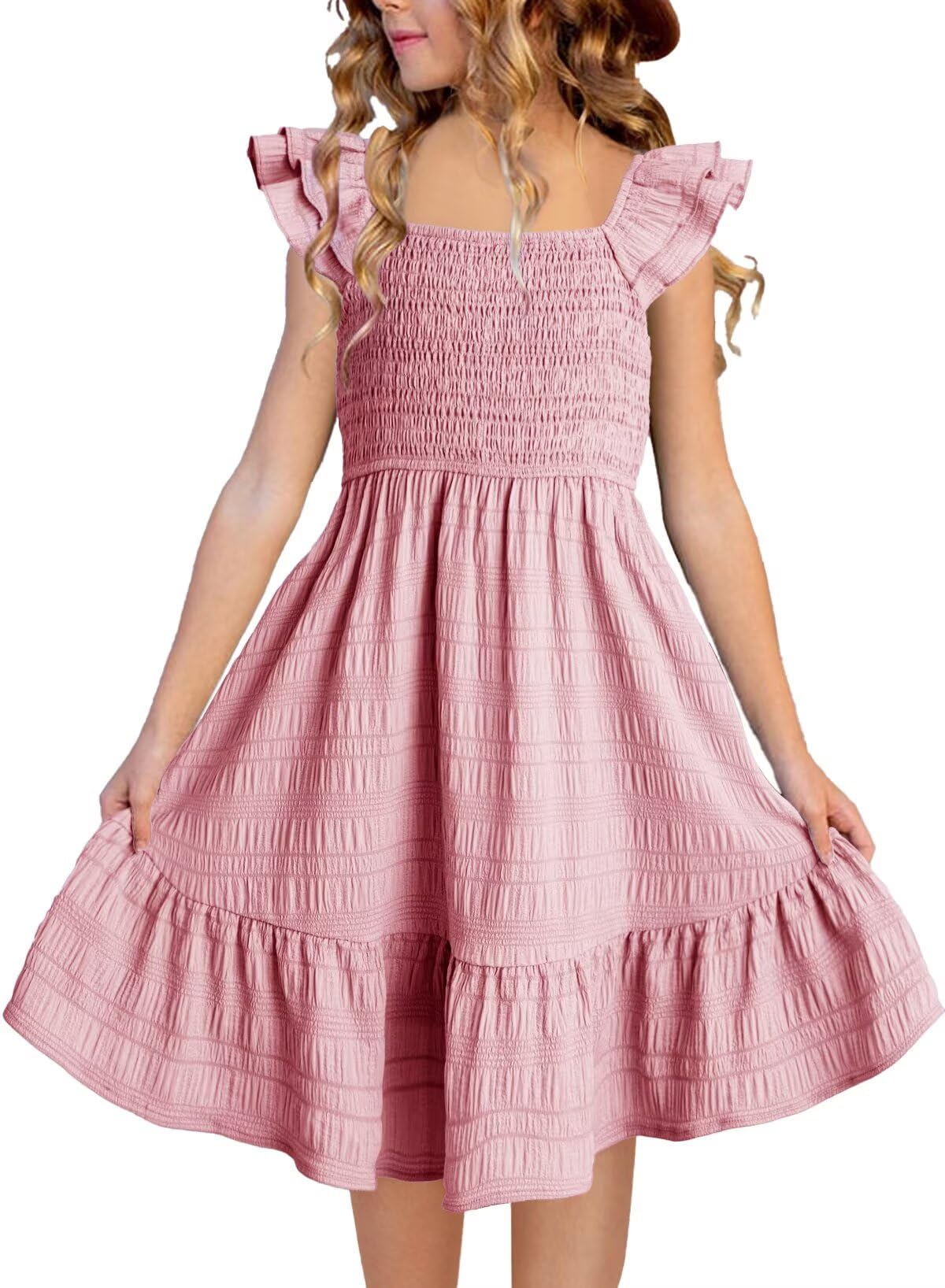DOKOTOO KIDS Girls Summer Dresses Cute Double Layer Ruffle Sleeve Smocked Flowy Dress 6-15 Years
