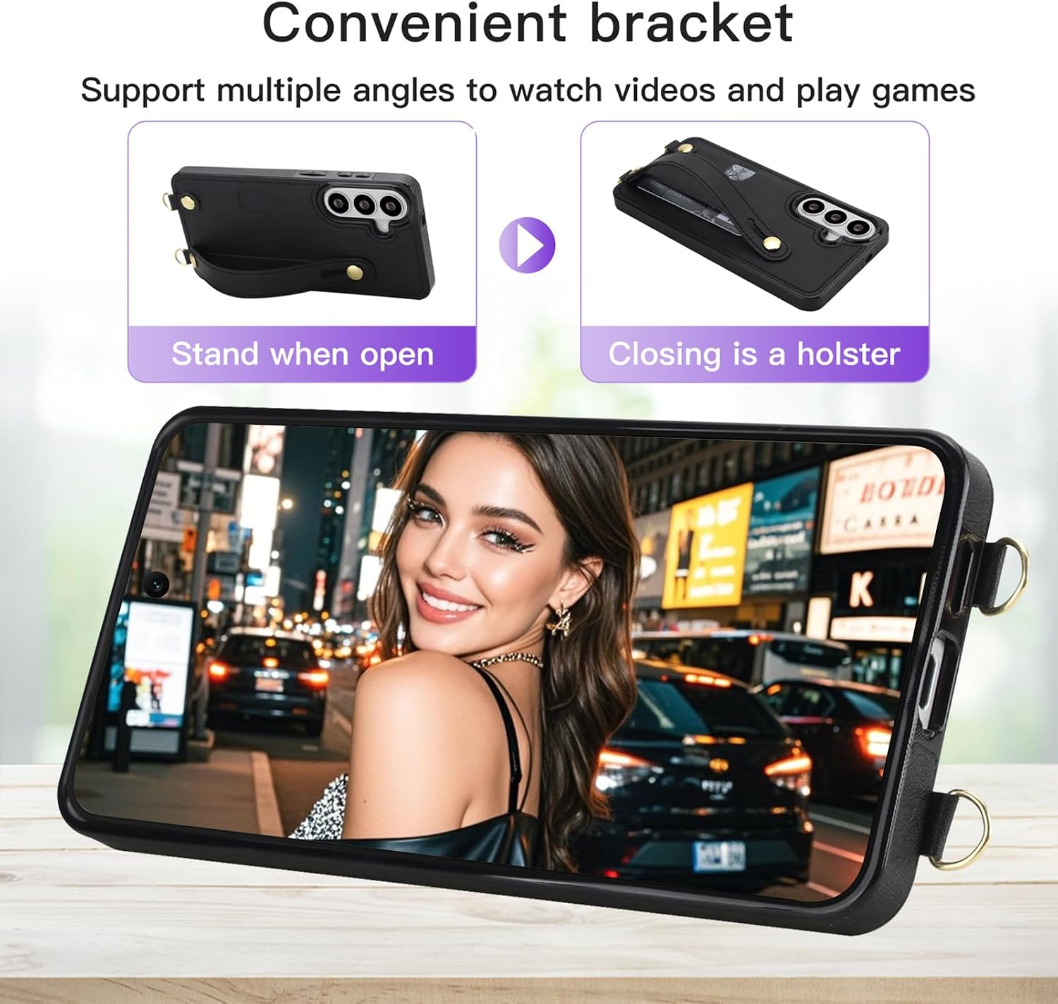 Crossbody with Card Holder for Galaxy S26 Case XK-Black | PU Leather Shockproof Protective Cover with Adjustable Shoulder Lanyard & Kickstand & Wrist Strap for Samsung S26