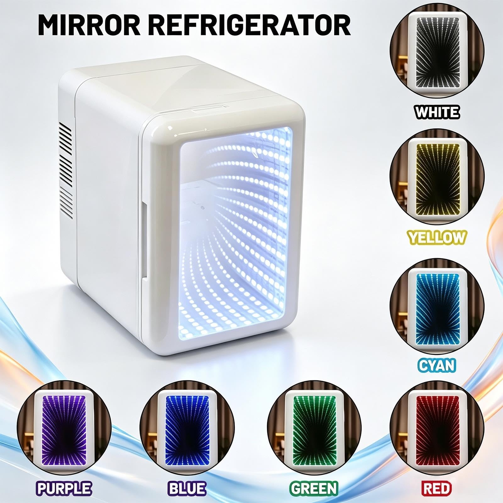 Mini Nevera De Maquillaje 4L con Puerta Espejo LED 7 Colores, Coche Hogar