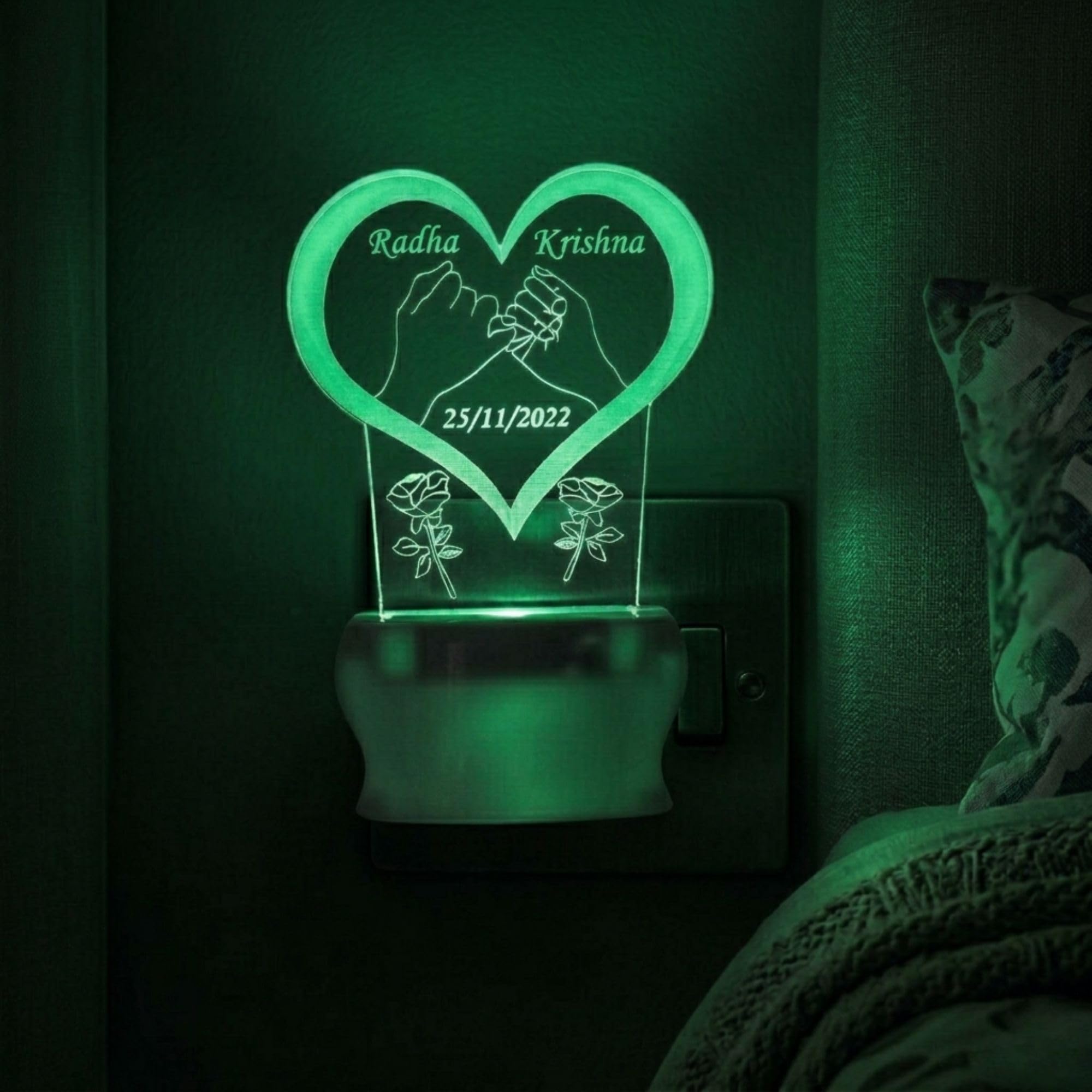 SHAYONA Personalized Couple Name And Date In Love Heart Acrylic 3D Illusion Plug In LED Night Lamp Gift For Couple,Valentine'S Day,Anniversary,And Birthday With Changing 7 Auto Colour-13CM.,Multicolor 1