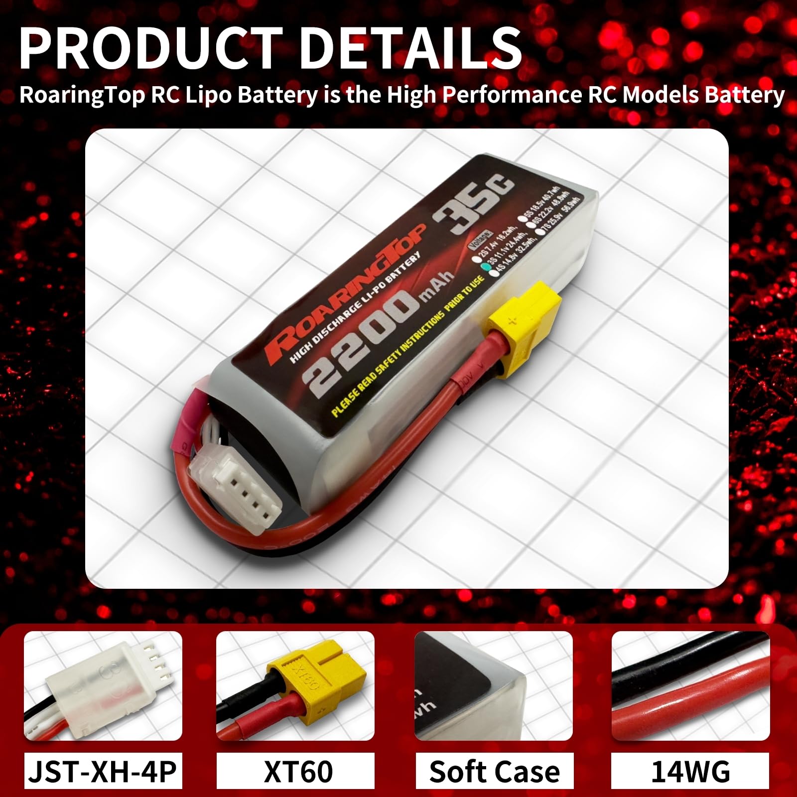 RoaringTop 3S Lipo Batterie 2200mAh 35C 11.1V Lipo Batterie(Décharge Continue) Batterie Softshell avec XT60 pour RC Hélicoptère DJI Avion RC Avion RC Quadcopter Drone FPV (2PCS)