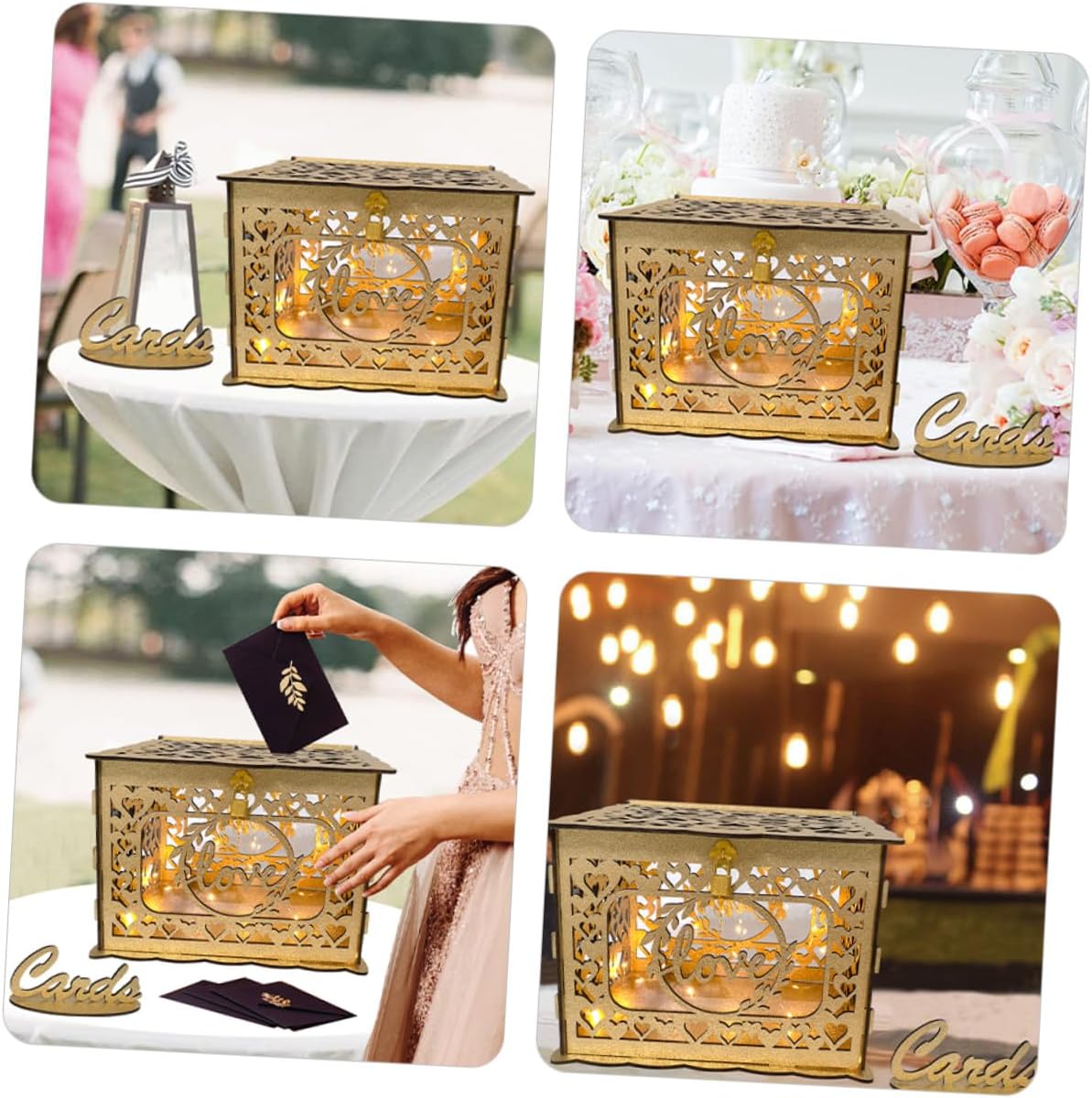 Wooden Hollow Glitter Card Box with Envelope Slot Anniversary and Wedding Blessing Card Container for Birthday Party Reception Decor