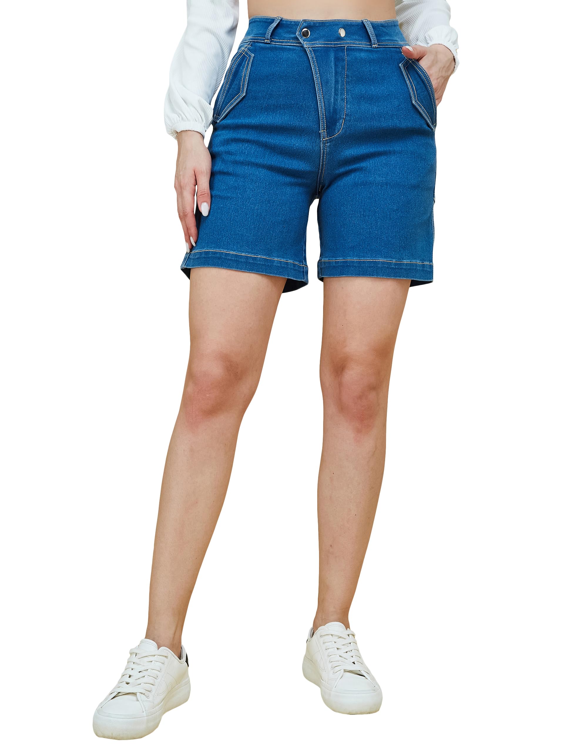 Life With Pockets Women's Relaxed Fit Mid Rise Clean Look Stretchable Denim Bermuda Shorts