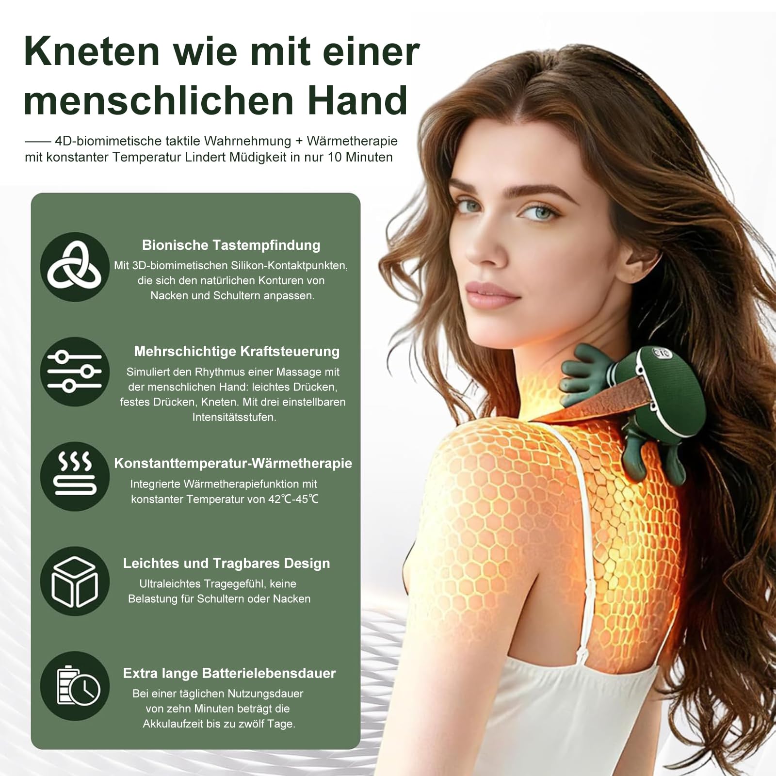 Massagegerät, 4D Nackenmassagegerät mit Wärme, USB Elektrische Schultermassagegerät 3 Modi & 2 Heizstufen, Tragbares Nacken und Schulter Shiatsu Massagegerät für Zuhause, Büro & Reise