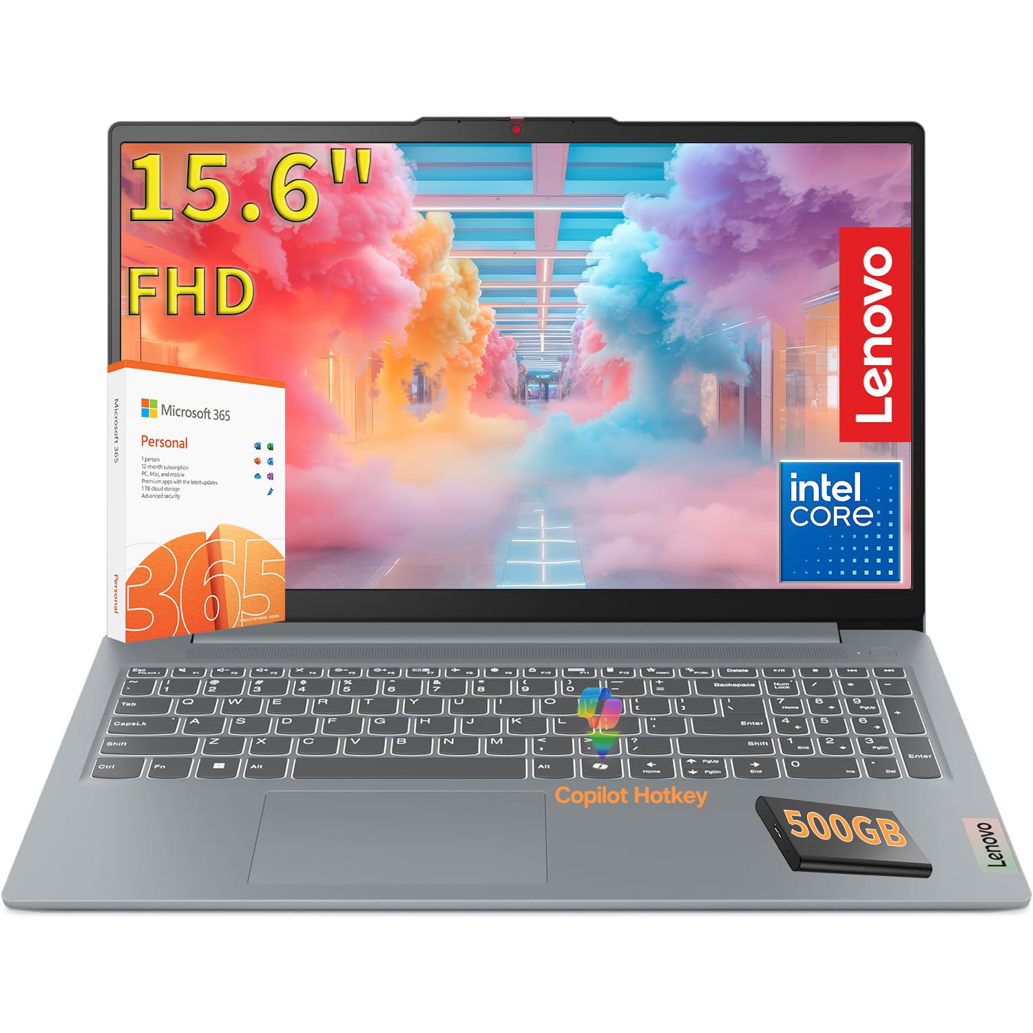 Lenovo 15.6 FHD Laptop Computer, 8GB DDR5, 128GB Storage 500GB Ext HDD