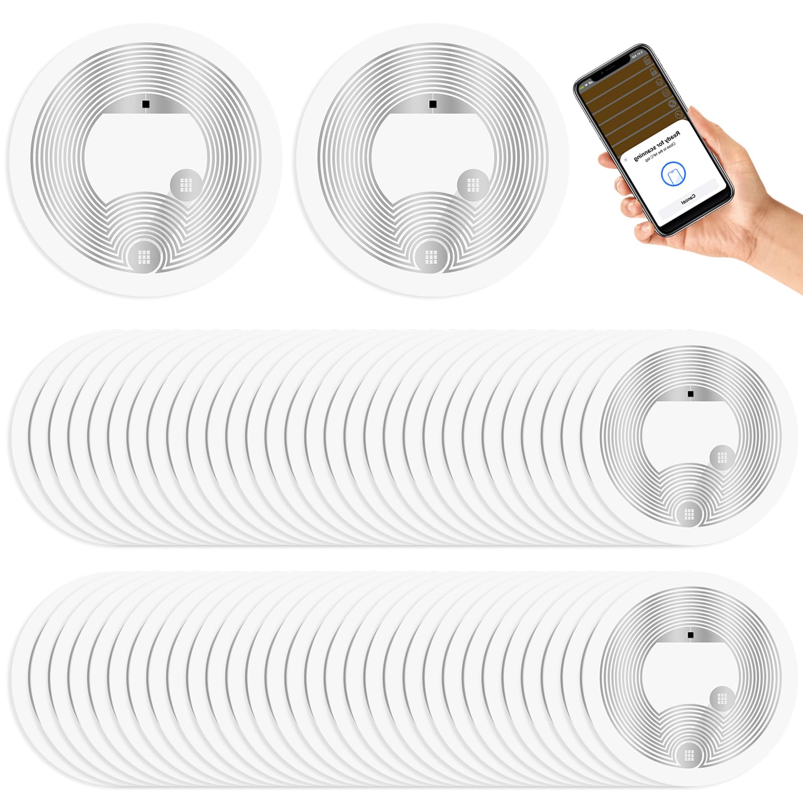 AXFEE 60 szt. znaczników NFC NTAG216, białe okrągłe naklejki NFC, średnica 25 mm, programowalne znaczniki NFC, pamięć RFID 888 bajtów, kompatybilna ze wszystkimi telefonami i urządzeniami