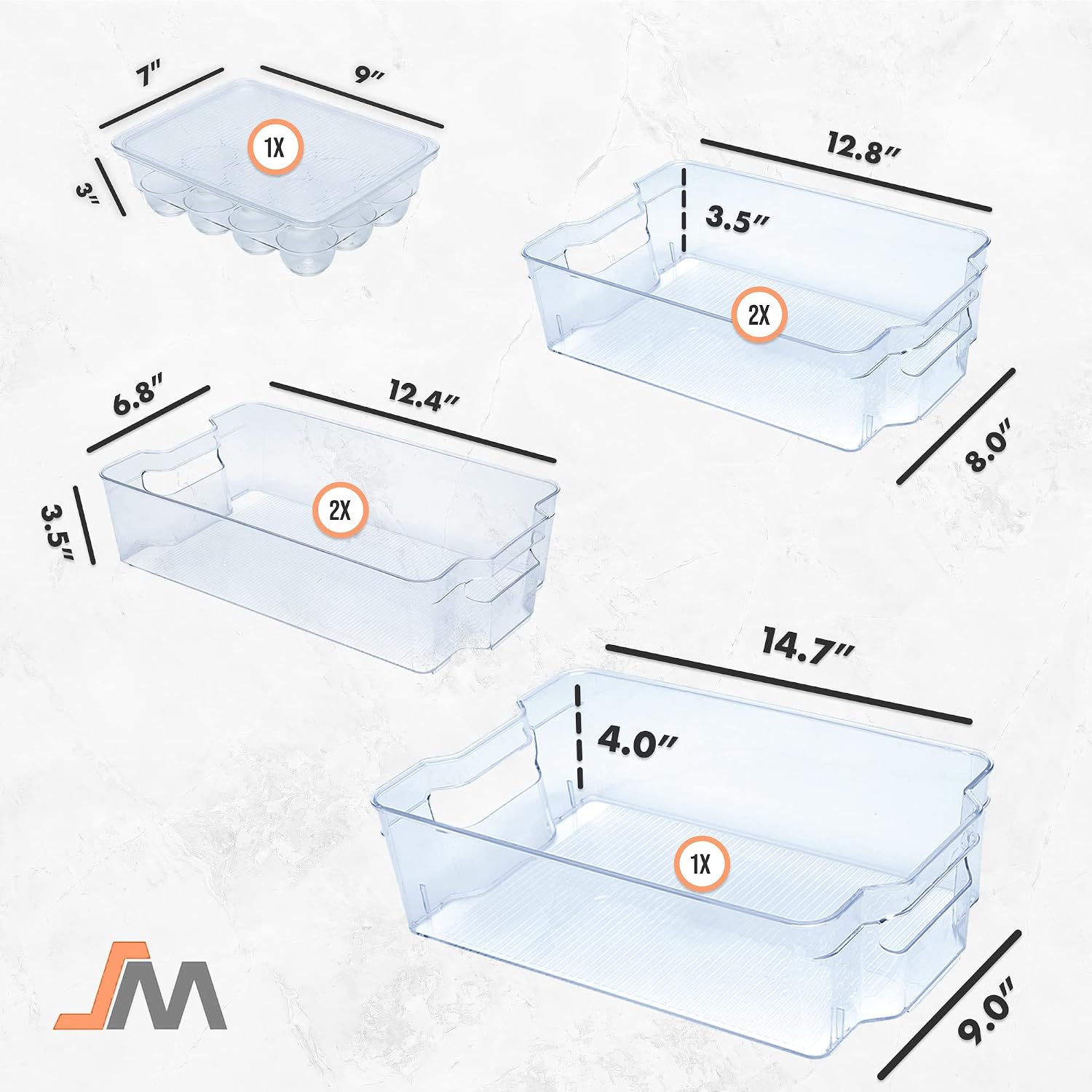 Jinamart Refrigerator Organizer Bins 6 Pcs Multiple Sizes Clear Plastic Storage Bins for Fridge, Freezer, and Pantry Organization, Includes 2 Wide, 2 Narrow, 1 Large Bin & 1 Egg Holder(12 Egg)