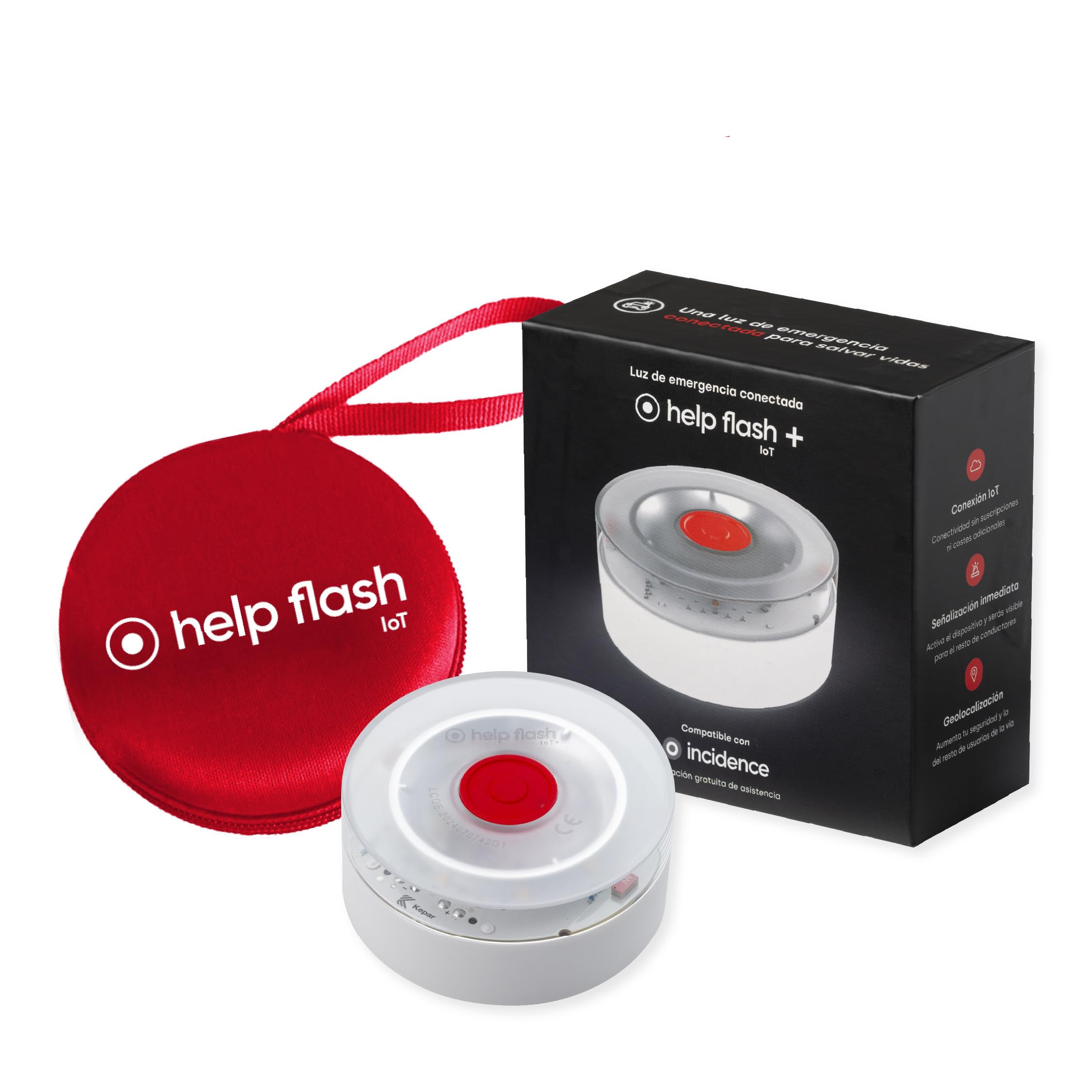 Help Flash IoT + Luz de Emergencia V16 con Geolocalización + Funda de Neopreno Roja, Exigible en 2026, Conectada con DGT 3.0, Señal V-16, Aviso Ubicación, Plan de Datos Incluido, Mayor Visibilidad