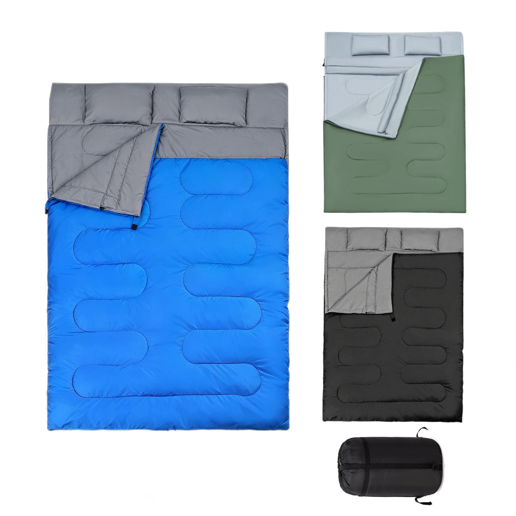 GYMAX Sac de Couchage Adulte pour 2 Personnes avec Oreillers | Imperméable et Léger pour Camping et Randonnée, 3 Saisons, Rectangulaire Spliceable, Fermetures Éclairs, 220 x 150 cm