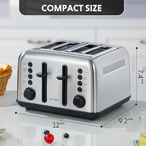 Miniatura 7 de BUYDEEM DT640 Retro 4 Slice Toaster, 7 Shade Settings, Extra Wide 1.5'' Slots, Stainless Steel Toaster with Bagel Muffin Defrost Reheat Function,