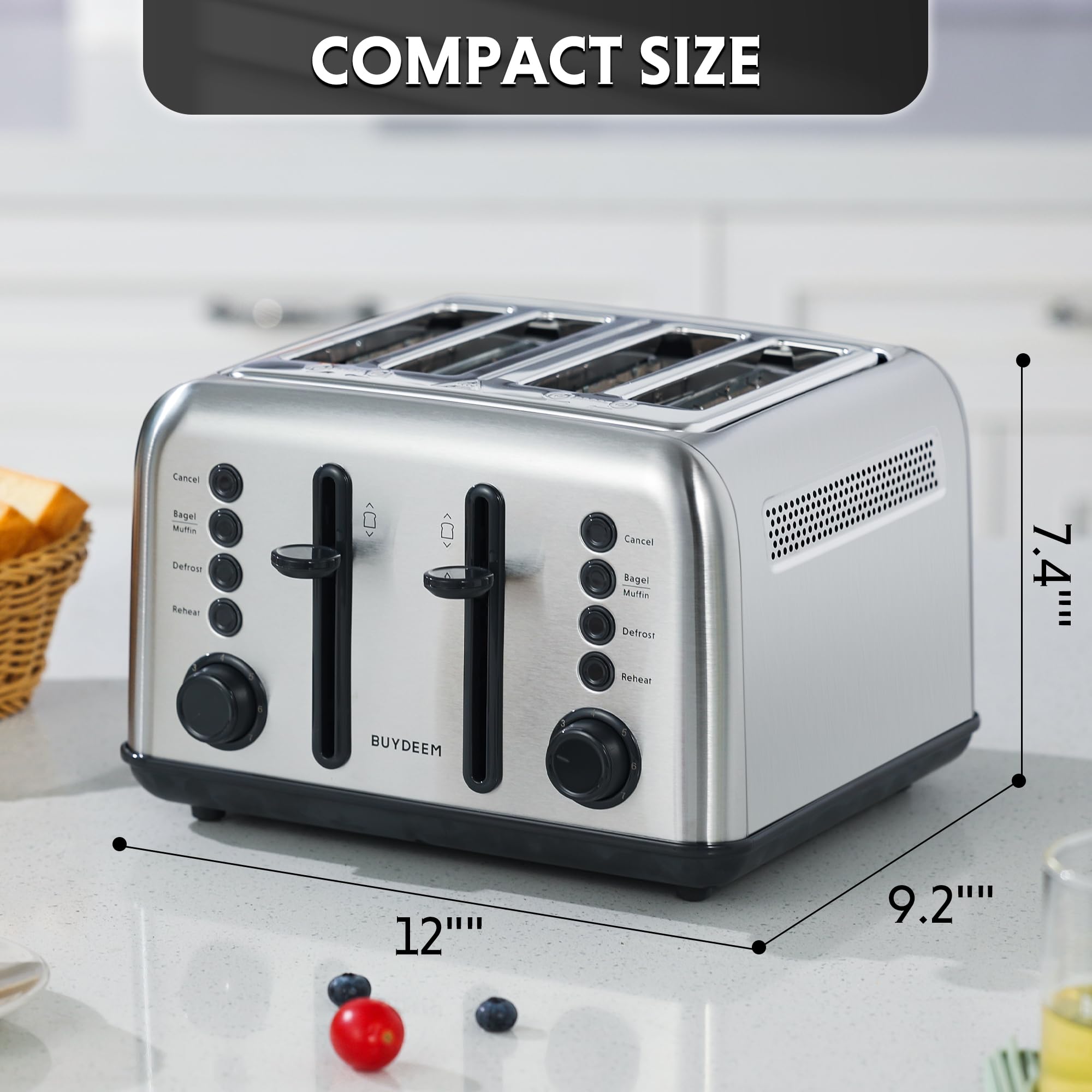 BUYDEEM DT640 4-Slice Toaster, Extra Wide Slots, Retro Stainless Steel with High Lift Lever, Bagel and Muffin Function, Removal Crumb Tray, 7-Shade Settings,Mellow Yellow: 4-Slice Retro Silver