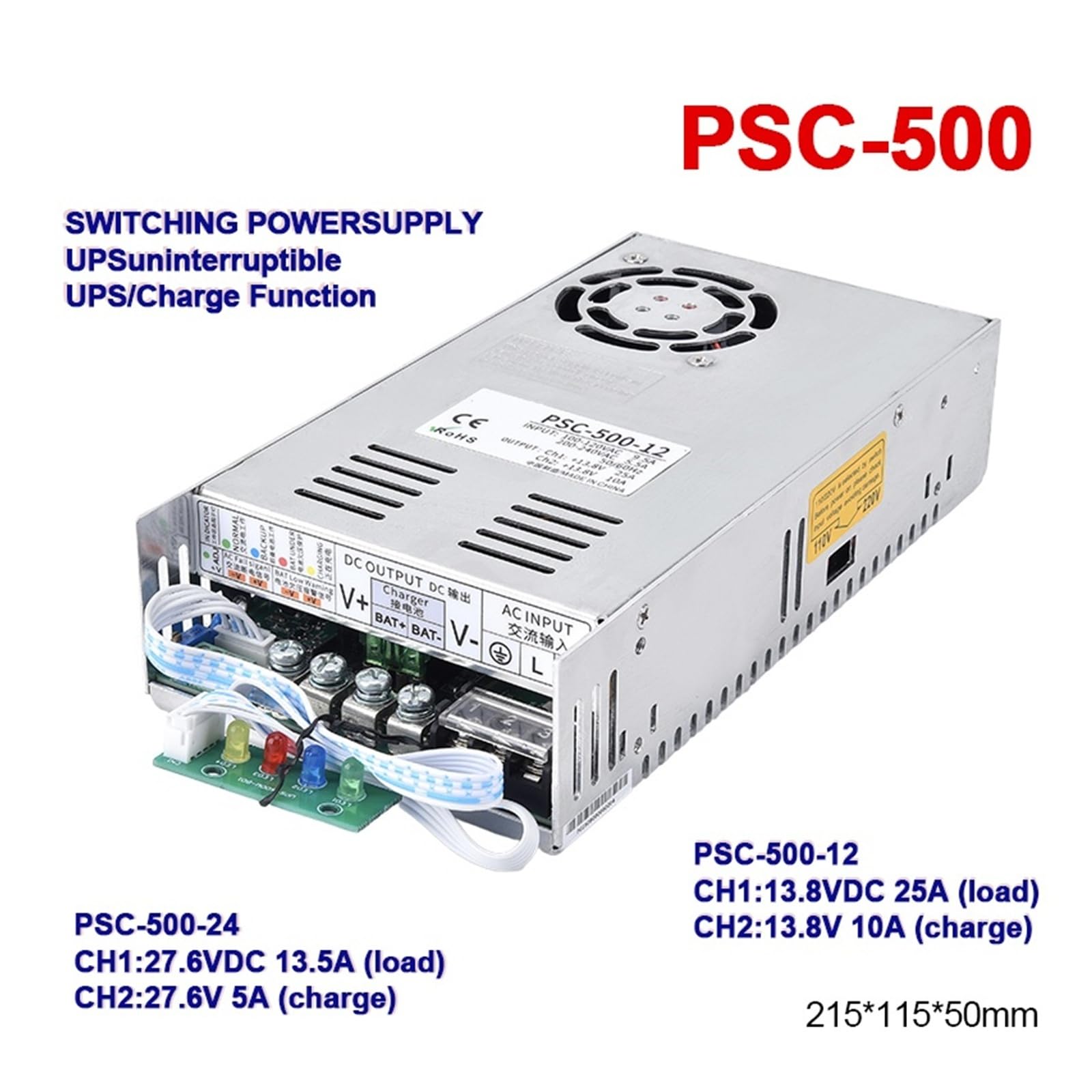 Kompaktowy Zasilacz UPS DC O Mocy 500 W PSC-500 Wysoka stabilność | Do akumulatorów kwasowo-ołowiowych 13,8 V/27,6 V Prąd ładowania 10 A/5 A(12V)