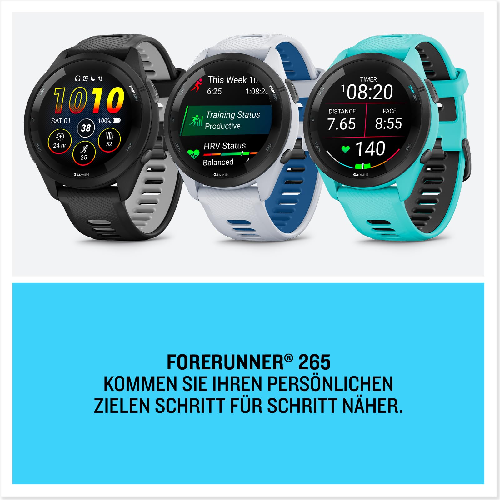 Garmin Forerunner 265 46mm - Laufuhr, 1,3" AMOLED-Display, 13 Tage Akkulaufzeit, 30+ Sport-Apps, Trainingsanalyse, spezielle Lauffunktionen, Trainingsbereitschaft, erweiterte Schlaffunktionen, Musik