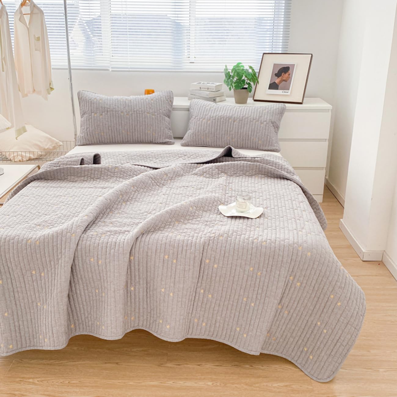 Colcha Cama, 100% Algodón Acolchado Fino, Cubrecama Moderno Y Elegante Tejido Fino, Colcha Cubre Cama Multiusos para Todas Las Estaciones,Gris,230 * 245cm