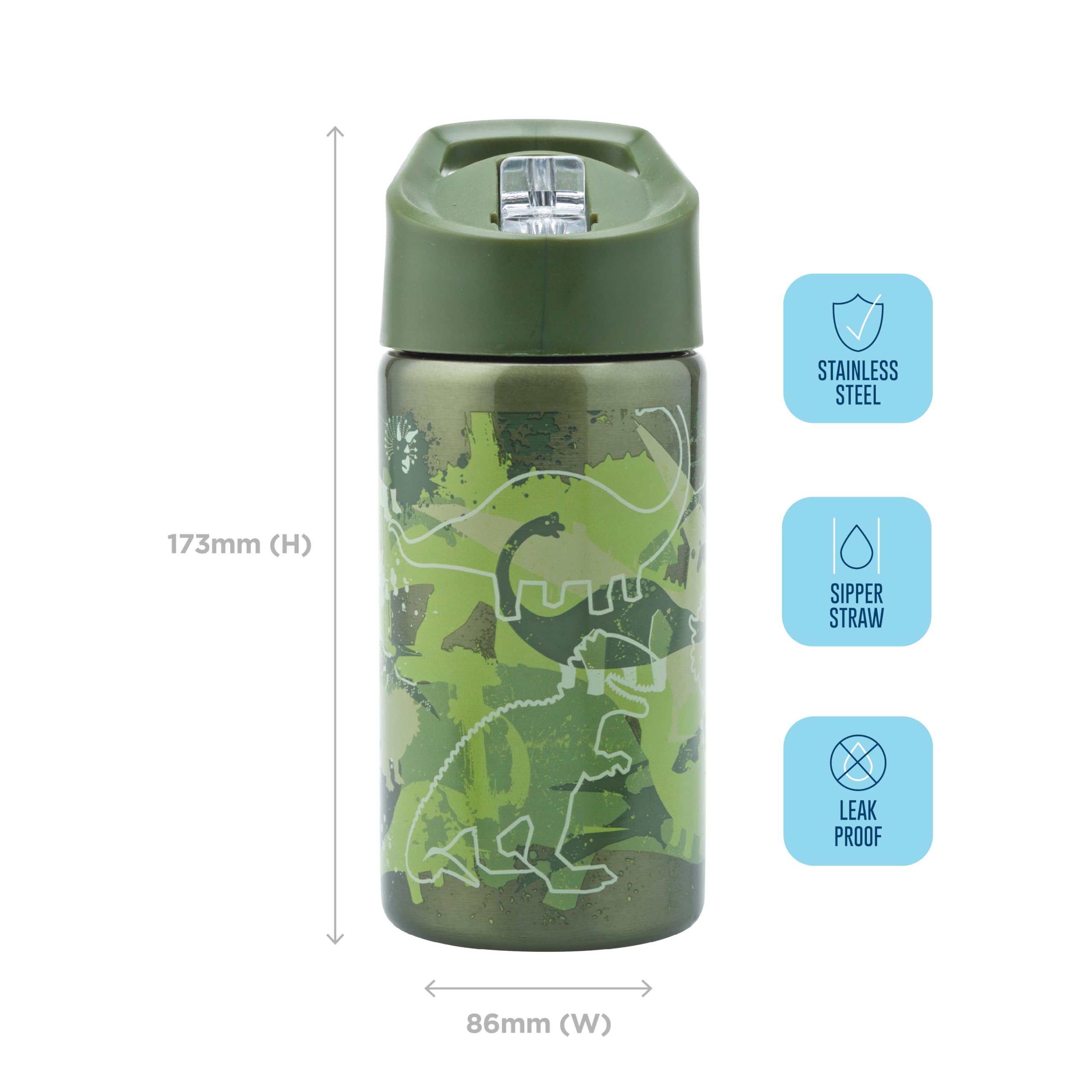 Smash Stainless Steel Drink Bottle with Flip Top Lid and Straw - Dino 500ml, Green, 500 ml - Image 3