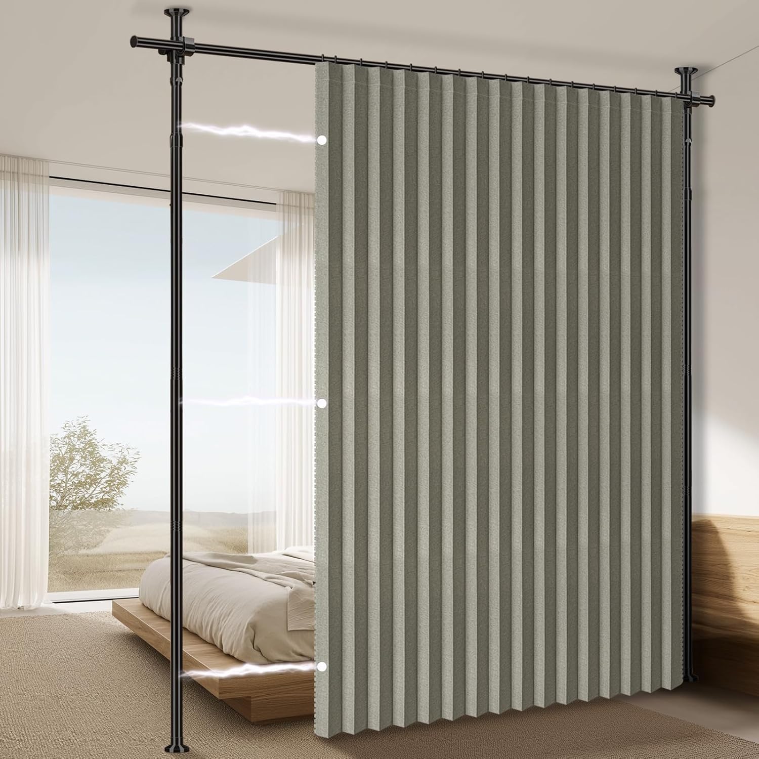 AJAZZ 100% Blackout Room Divider Curtains Sets Grey W100 x L84 in 1 Panel No Drill Curtain Rods(H) 43-120×(W) 35-100 in for Bedroom Privacy Partition Separator
