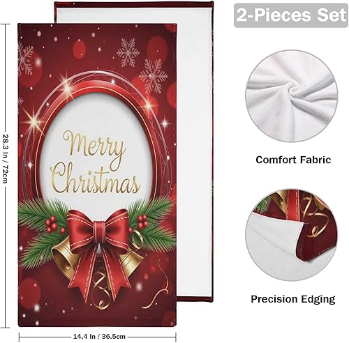Miniatura 2 de Pfrewn Juego de 2 toallas de mano con moño, diseño de campanas de Navidad, copos de nieve rojos, con purpurina dorada, 16 x 30 pulgadas, suaves,