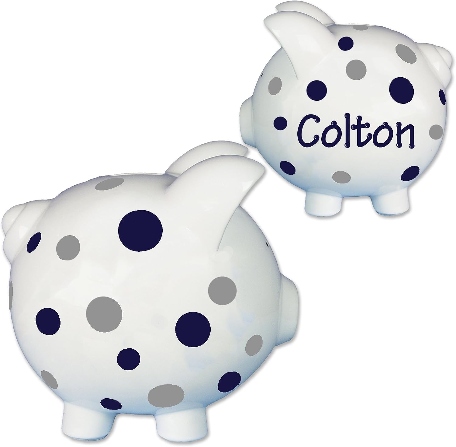 My Bambino Hand Painted Personalized Piggy Bank Navy and Gray Dots Nursery Gift for Children Customized