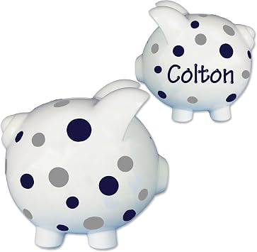 My Bambino Hand Painted Personalized Piggy Bank Navy and Gray Dots Nursery Gift for Children Customized
