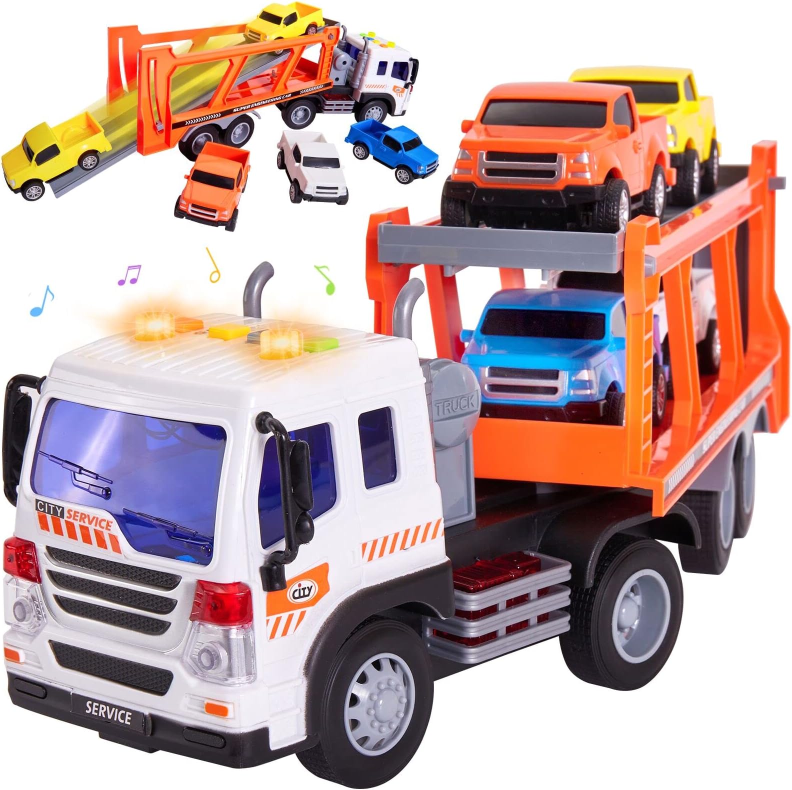 BUYGER Toy Cars Transporter for 3 Year Old Boys, Transport Car Carrier Loader Truck Toy, Racing Track, Light and Sound, 4 Mini Vehicles