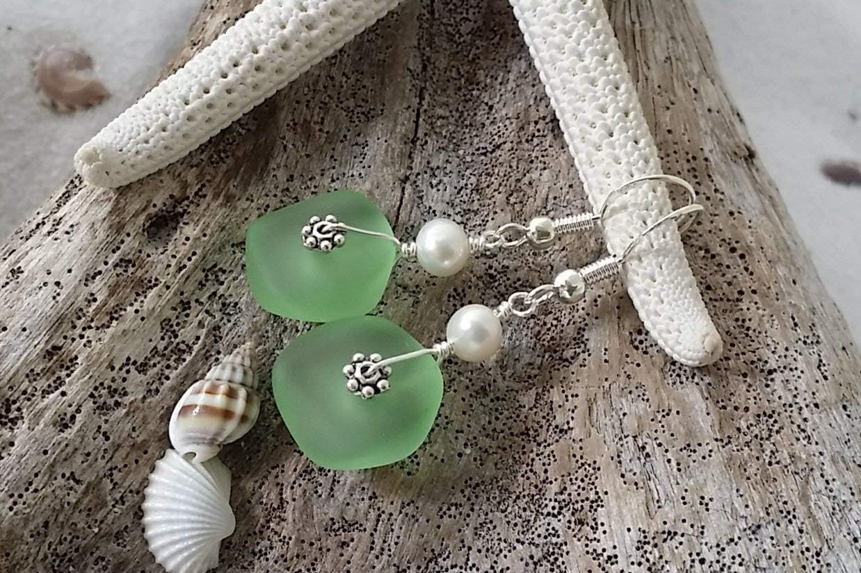 Handmade Sea Glass Earrings, Hawaiian Jewelry for Women, Wire Earrings Pearl Earrings, Unqiue Earrings Beach Jewelry Birthday Gift For Women