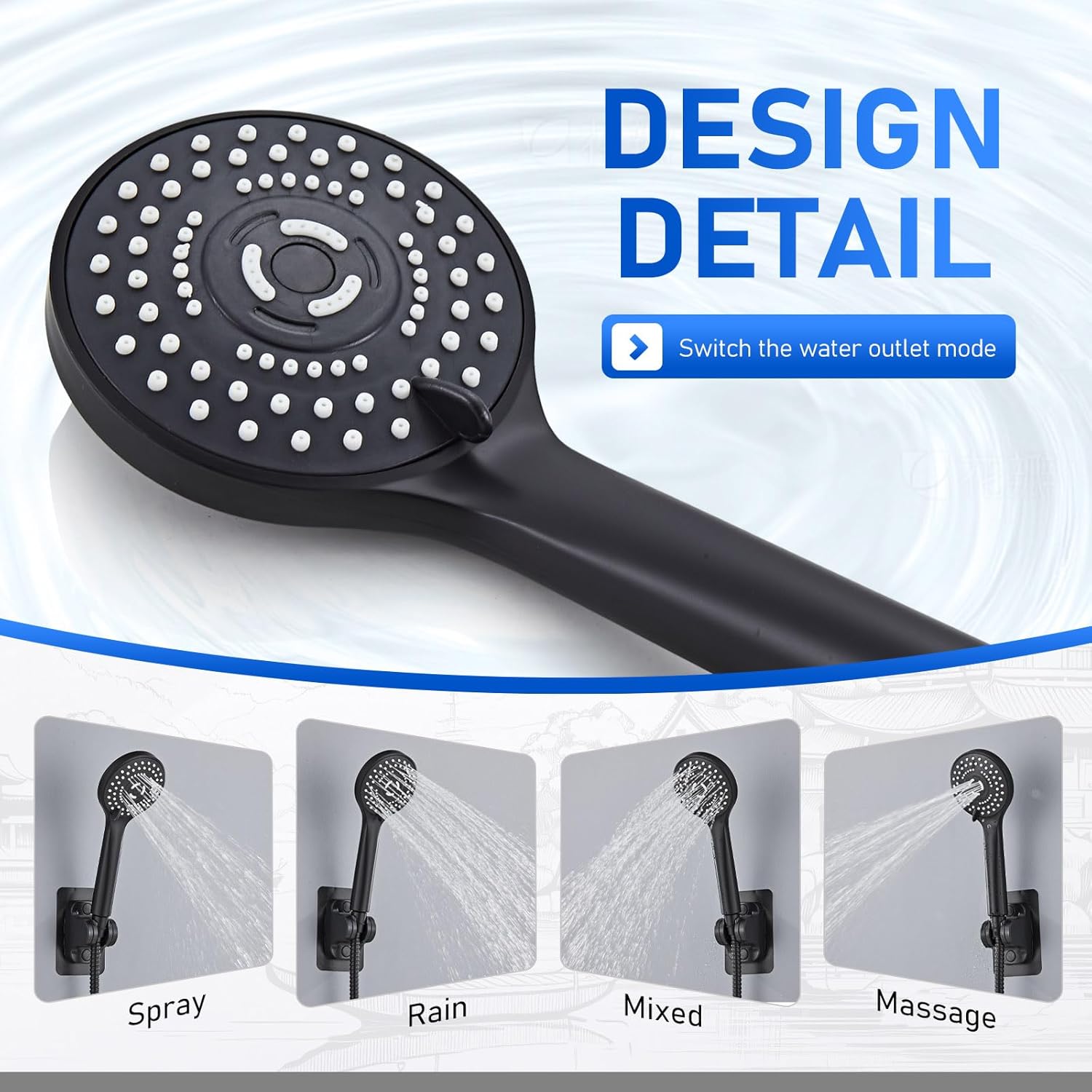 Wide Rain Shower Head With 5 Modes Handheld Showerheads, High Pressure Showerhead Combo with Extension Arm for Bathroom Accessories, Adjustable Shower Head with Anti-Clog Nozzles (Black) - Image 3