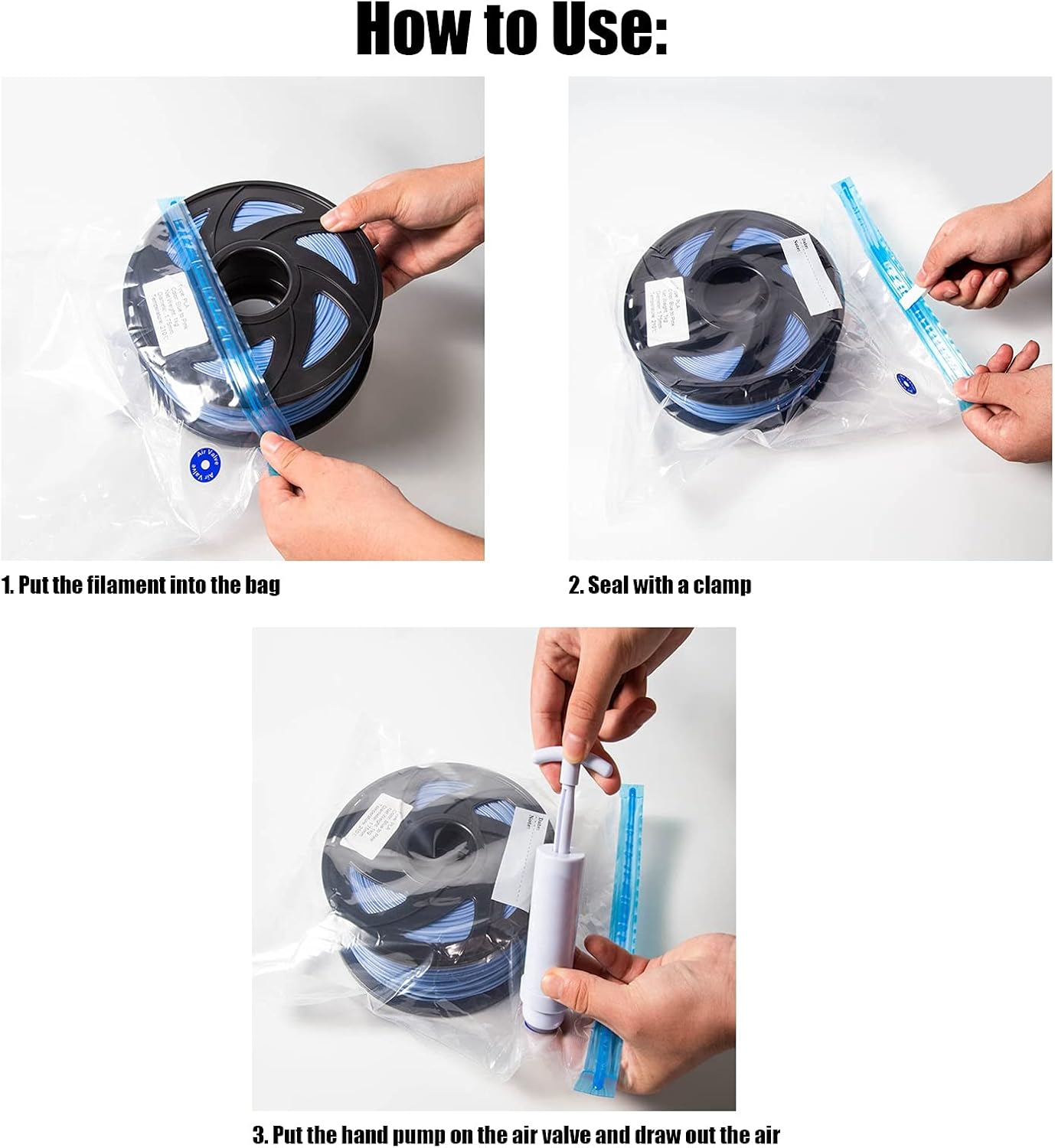 Filament Storage Bags, Reusable Dry Resealable Plastic Filaments Vacuum Sealed Kit for Spool for 3D Printer for PLA