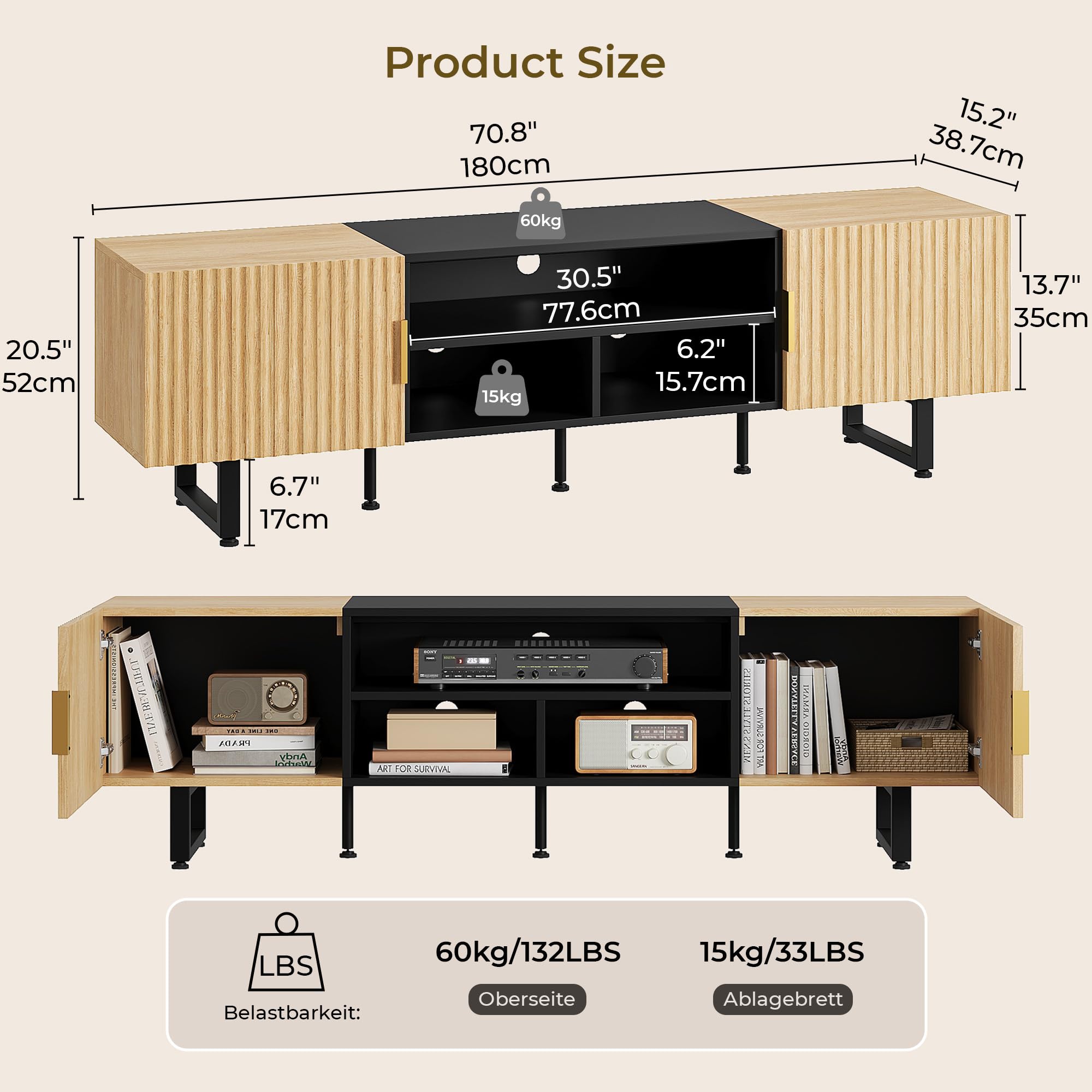 IRONCK TV Schrank 180cm Lowboard für Fernseher bis zu 65/75/80 Zoll, Fernsehtisch mit 2 Türen 3 offenen Fächern, Fernsehschrank Holz, Modern TV Board für Wohnzimmer, Schlafzimmer (Walnussholz)