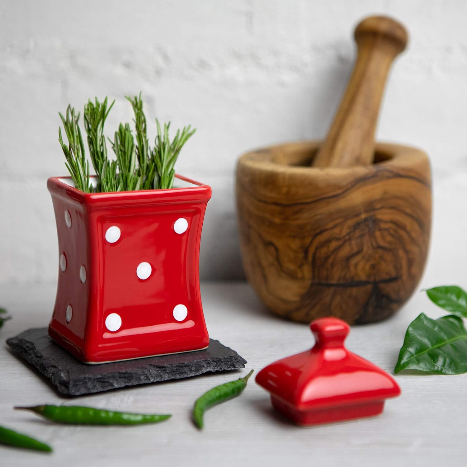 City to Cottage Handmade Small 5.3oz/150ml Ceramic Kitchen Herb, Spice, Storage Jar with Lid, Pottery Canister, Housewarming Gift (Red Polka Dot) - Image 4