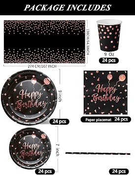 Nkaiso 121 Pcs Black and Rose Gold Birthday Plates and Napkins for 24