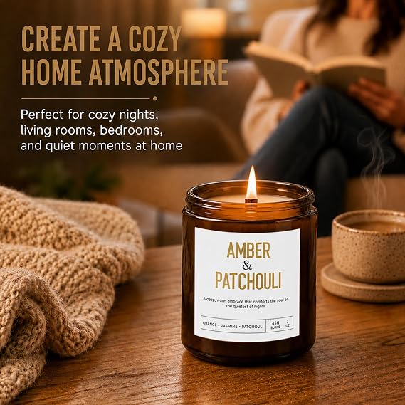 Scented Candle Gift Set, 4 Pack Long Lasting Amber Candles with Wooden Wick