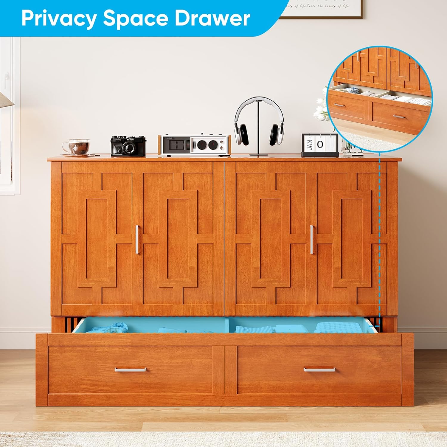 Mjkone 64" Width Queen Size Murphy Cabinet Bed with USB Charging Station, Guest Murphy Beds with Foldable Mattress & Large Drawers, Cube Cabinet Chest Beds for Bedroom, Home Office, Cherry