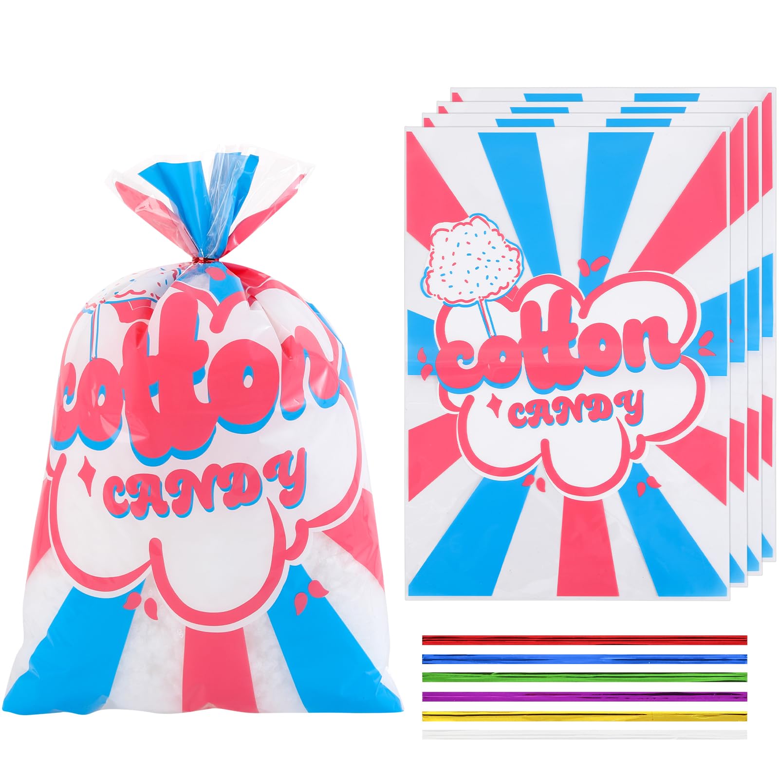 LEOSINDA 50 Pcs Cotton Candy Bags with Ties, 12 x 18 Inch Clear Printed OPP Bags for Large Fluffy Cotton Candy, Carnivals, Circus, Birthday Parties & Concession Stand Supplies