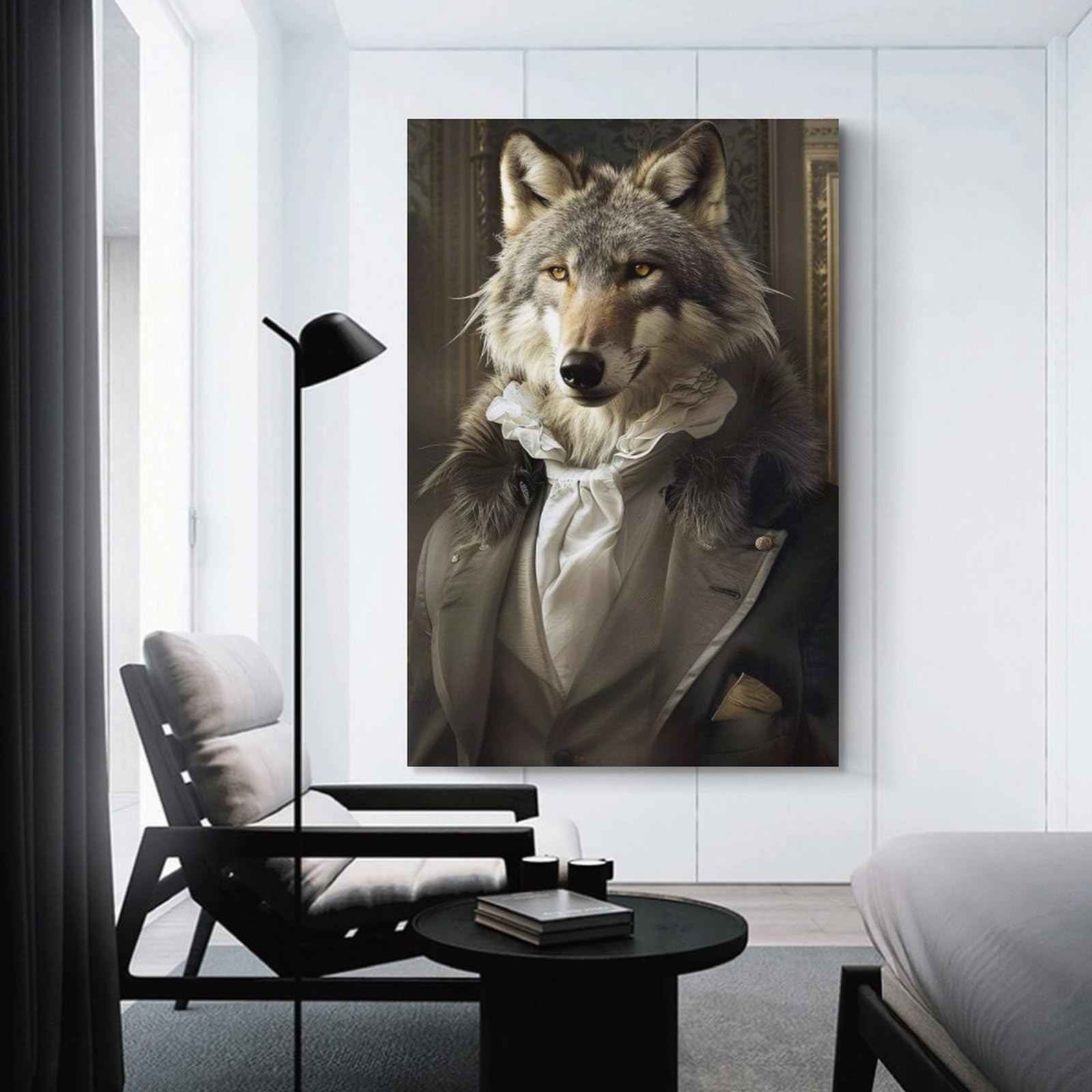 Junmoney Anthropomorphic Wolf in Victorian Attire Wall Art Print 24x36inch(60x90cm), for Picture Wall Styling in Lounge Or Bedroom, A Versatile Canvas Print for Layering