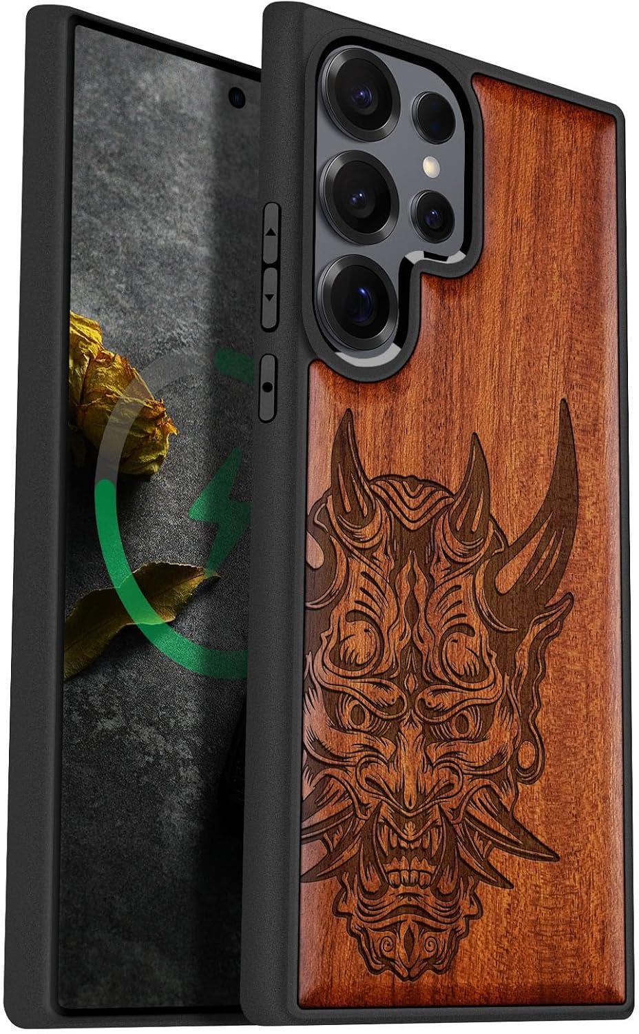 Carveit Magnetic Wooden Case for Samsung Galaxy S25 Ultra Case 2025, TPU Shockproof Cover & Wood Artisan Engraved, Compatible with MagSafe Wireless Chargers (Japanese Oni Mask) Rosy