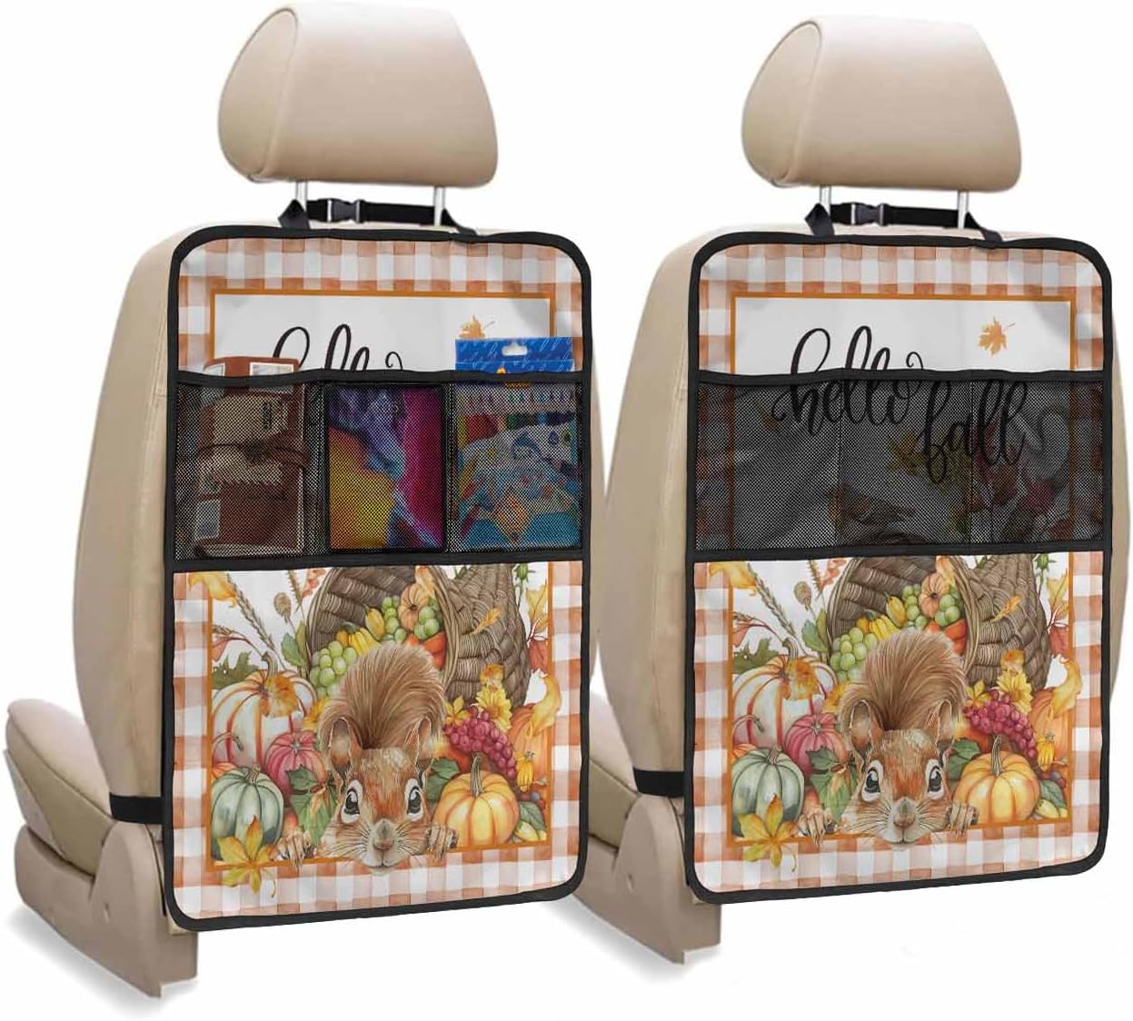 Car Seat Protector, 2 Pack Kick Mats with Organizer - 3 Pocket Storage, Fall Pumpkin Cute Squirrel Thanksgiving Autumn Leaves Back Seat Cover for Kids Universal Fit Automotive Interior Protectors
