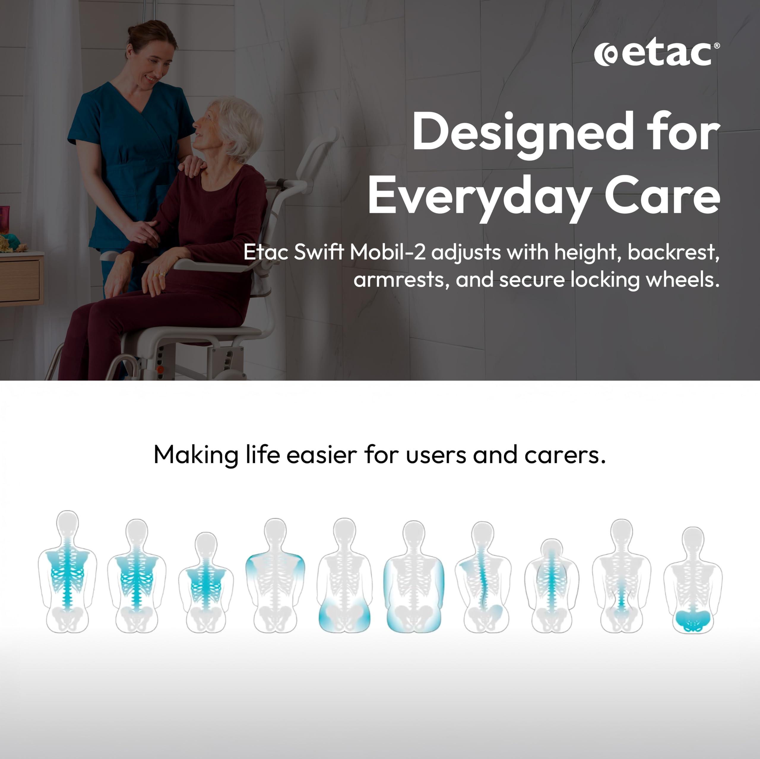 Etac Swift Mobile-2 Shower Commode Chair - Rolling Shower Chair for Elderly and Disabled, 353 lbs Weight Capacity - Bedside Commode with Adjustable Height, Armrests & Backrest - White