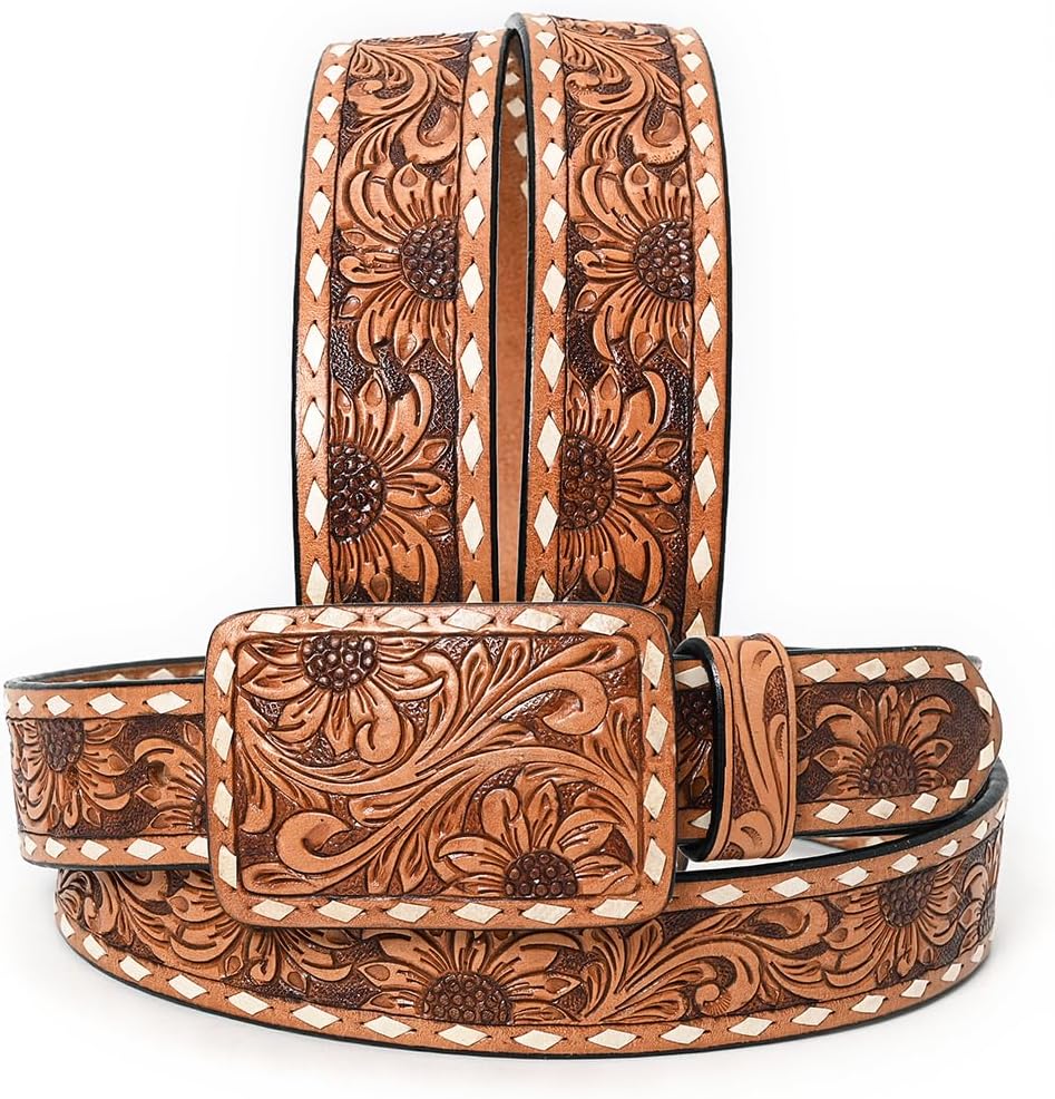 American Darling Large Beautifully Hand Tooled Tan Genuine Leather Belt Men and Women Western with Removable Buckle