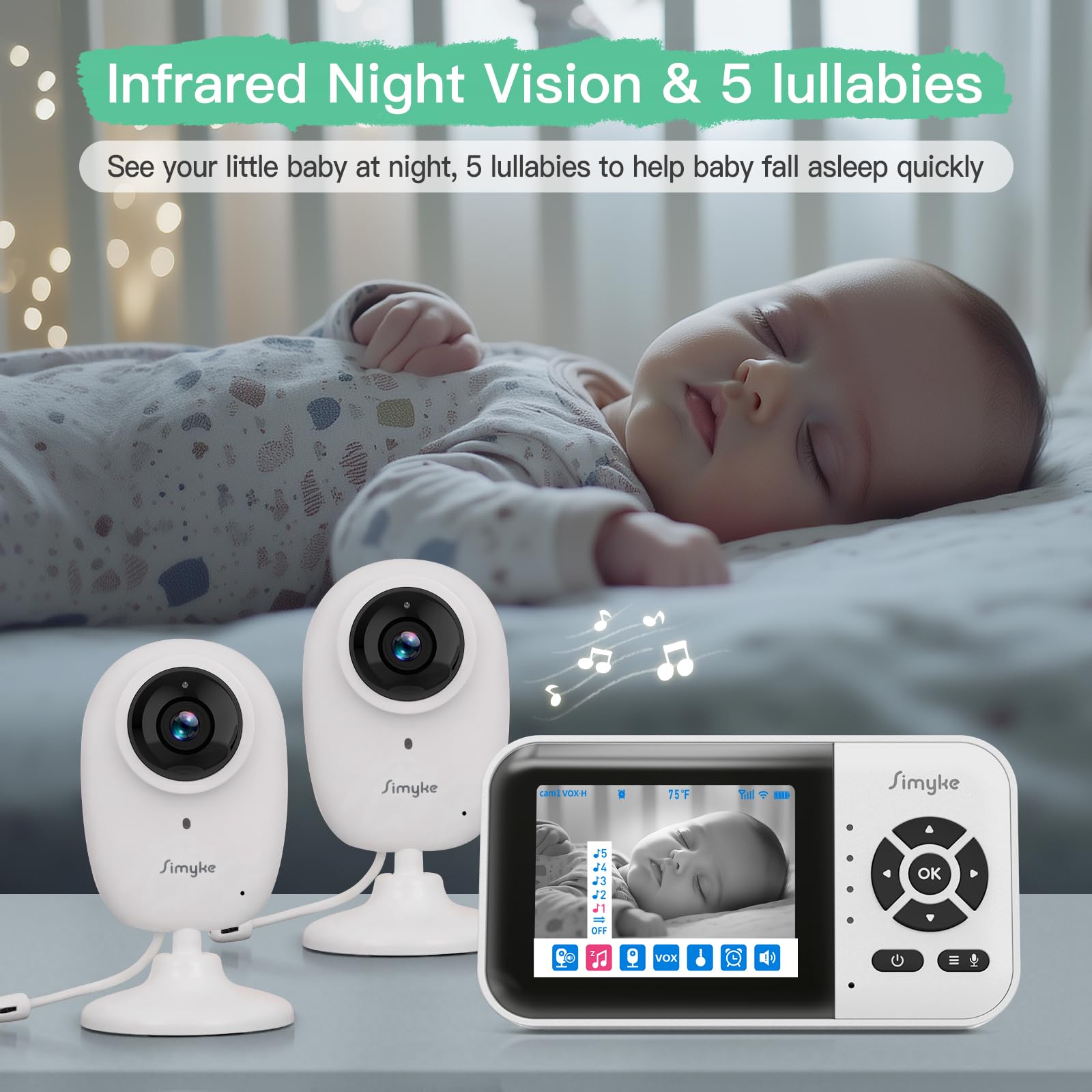 Simyke Smart BabyMonitor,1080p 2Camera,Wifi On/Off Switch,2.8" inch Display or WiFi Remote Access,NightVision,1500ft Long Range,2-Way Talk,Sound Alert,Temperature Sensor,Lullabies Feeding Remind - Image 4