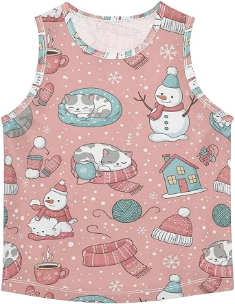 J JOYSAY Winter Snowman Cat Boys Tank Top Sleeveless Muscle Shirts Quick Dry Active Workout Sport Kids T-Shirts 3-15T