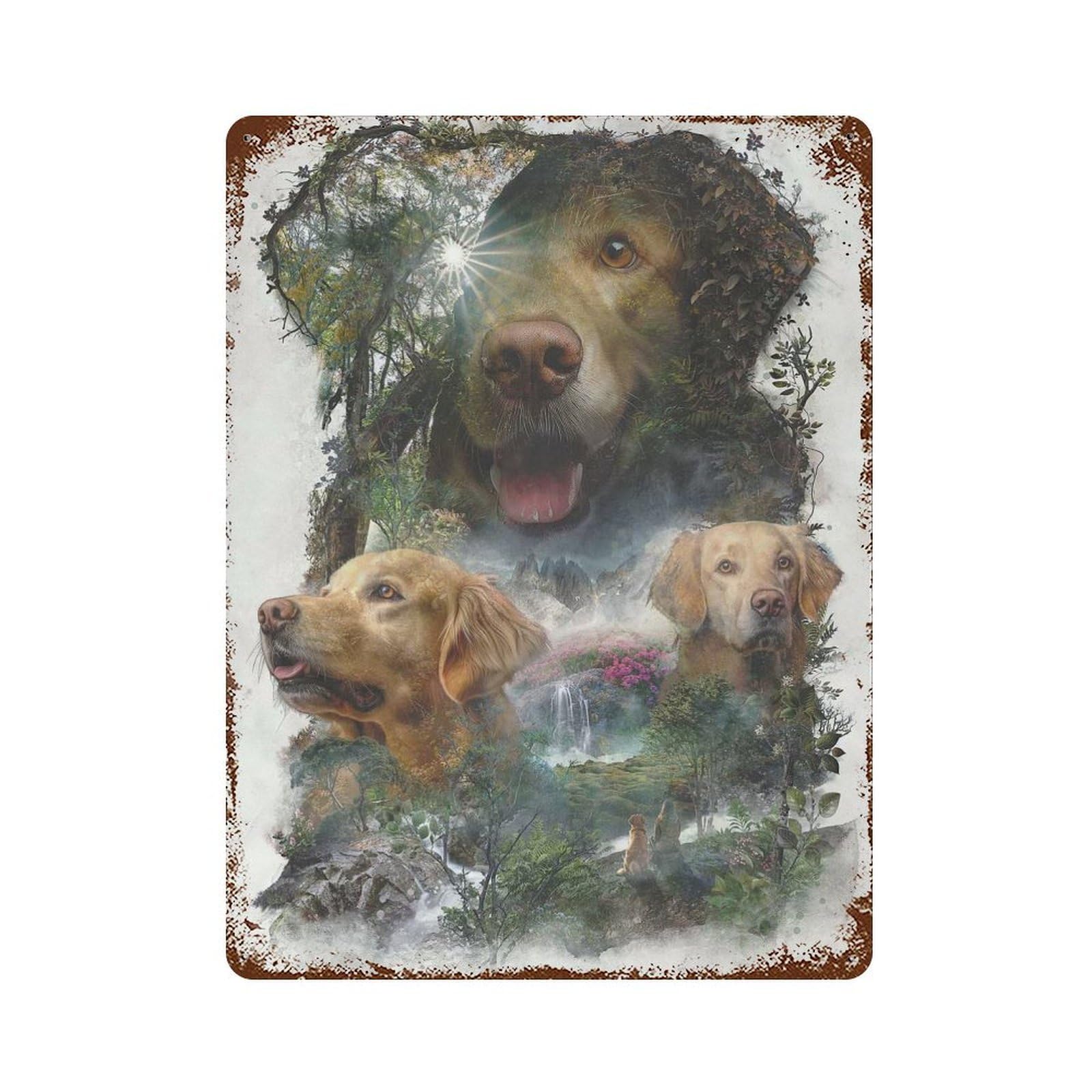 Rust Effect Golden Retriever Aged Metal Wall Plaque 15.7"x11.8", Shabby Chic Decor for Living Room, Hallway And Home Decor